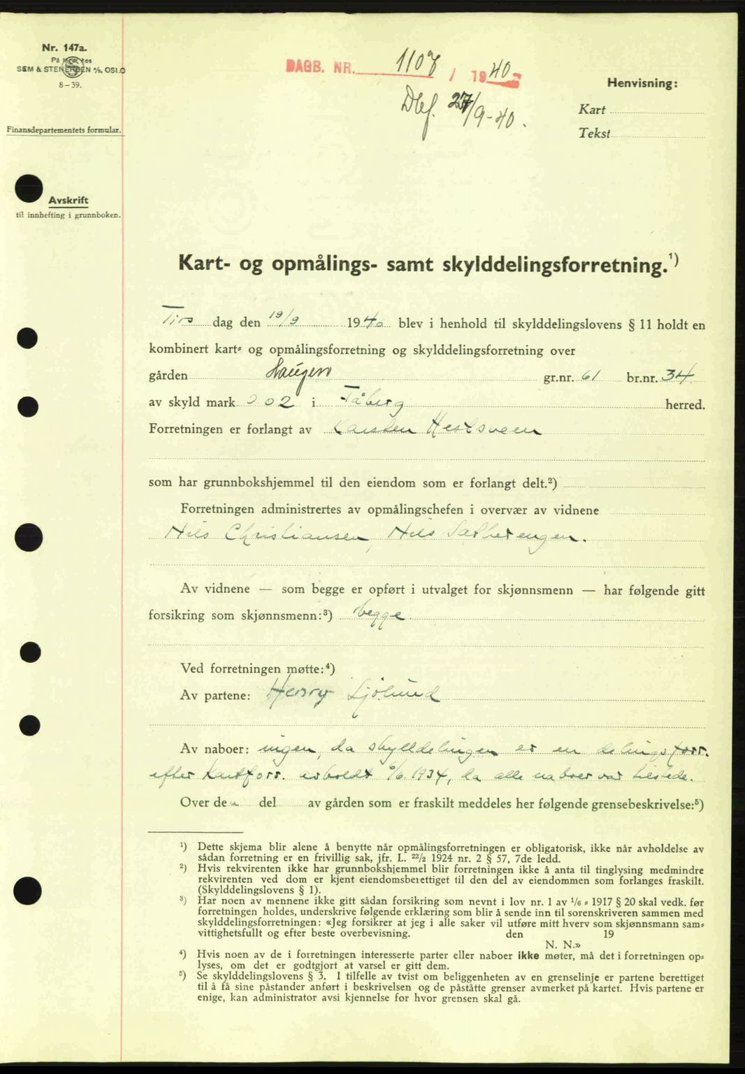 Sør-Gudbrandsdal tingrett, SAH/TING-004/H/Hb/Hbd/L0008: Pantebok nr. A8, 1940-1941, Dagboknr: 1107/1940