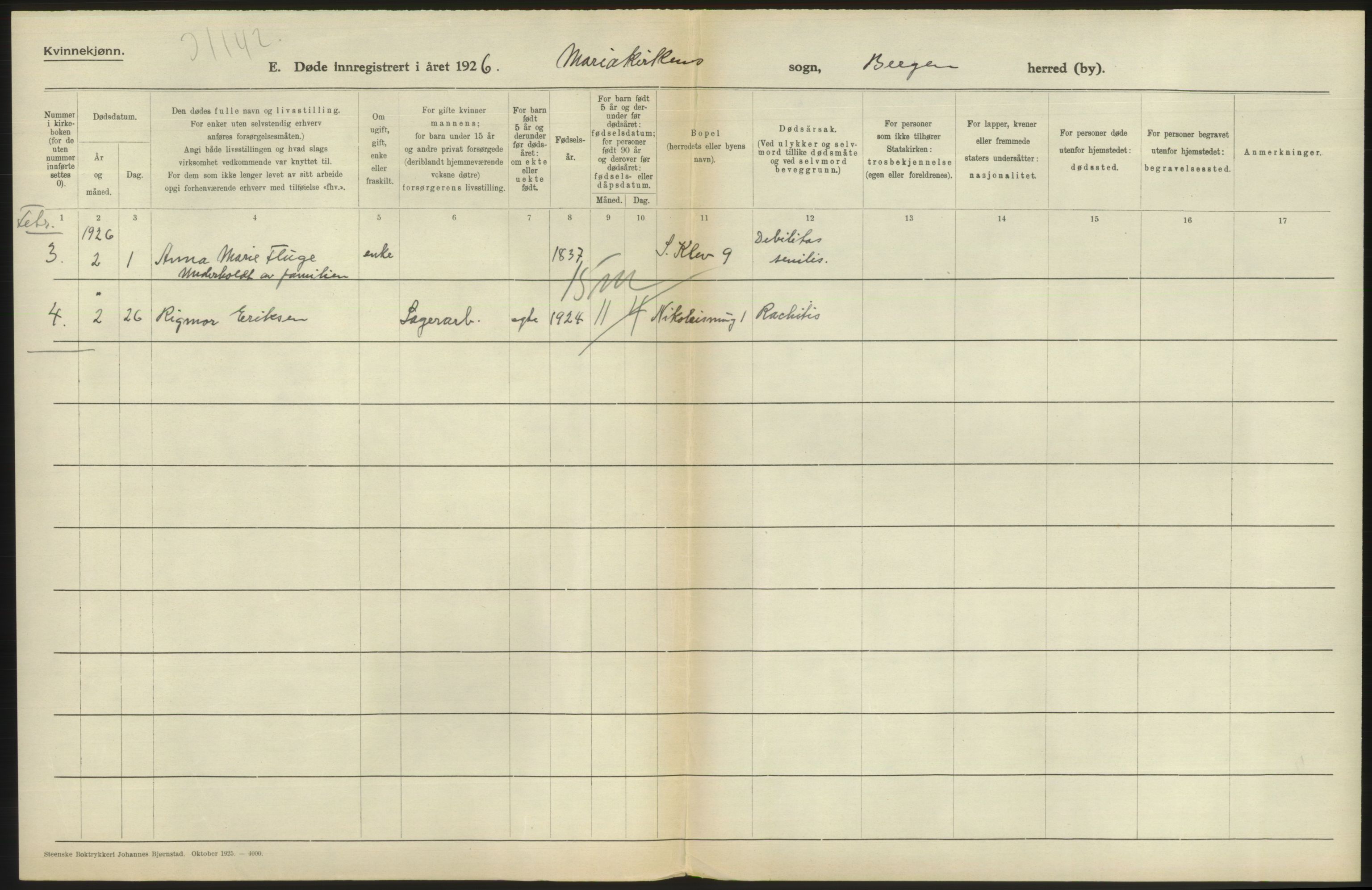 Statistisk sentralbyrå, Sosiodemografiske emner, Befolkning, AV/RA-S-2228/D/Df/Dfc/Dfcf/L0028: Bergen: Gifte, døde, dødfødte., 1926, s. 436