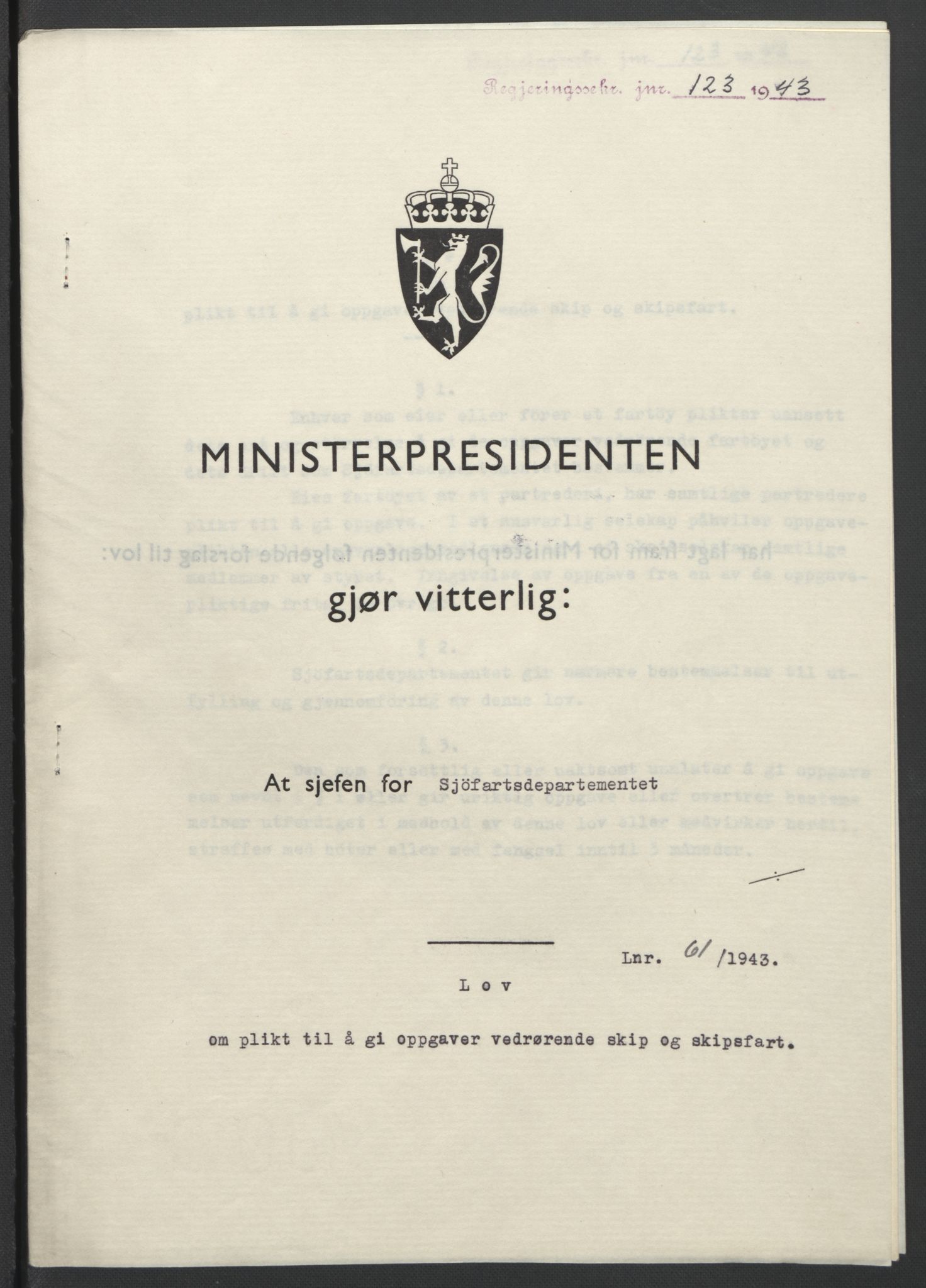 NS-administrasjonen 1940-1945 (Statsrådsekretariatet, de kommisariske statsråder mm), AV/RA-S-4279/D/Db/L0099: Lover, 1943, s. 275
