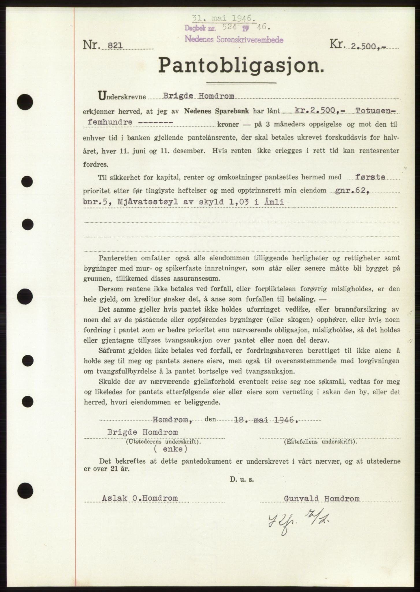 Nedenes sorenskriveri, SAK/1221-0006/G/Gb/Gbb/L0003: Pantebok nr. B3b, 1946-1946, Dagboknr: 524/1946