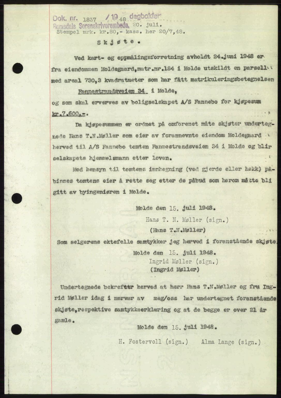 Romsdal sorenskriveri, SAT/A-4149/1/2/2C: Pantebok nr. A26, 1948-1948, Dagboknr: 1837/1948