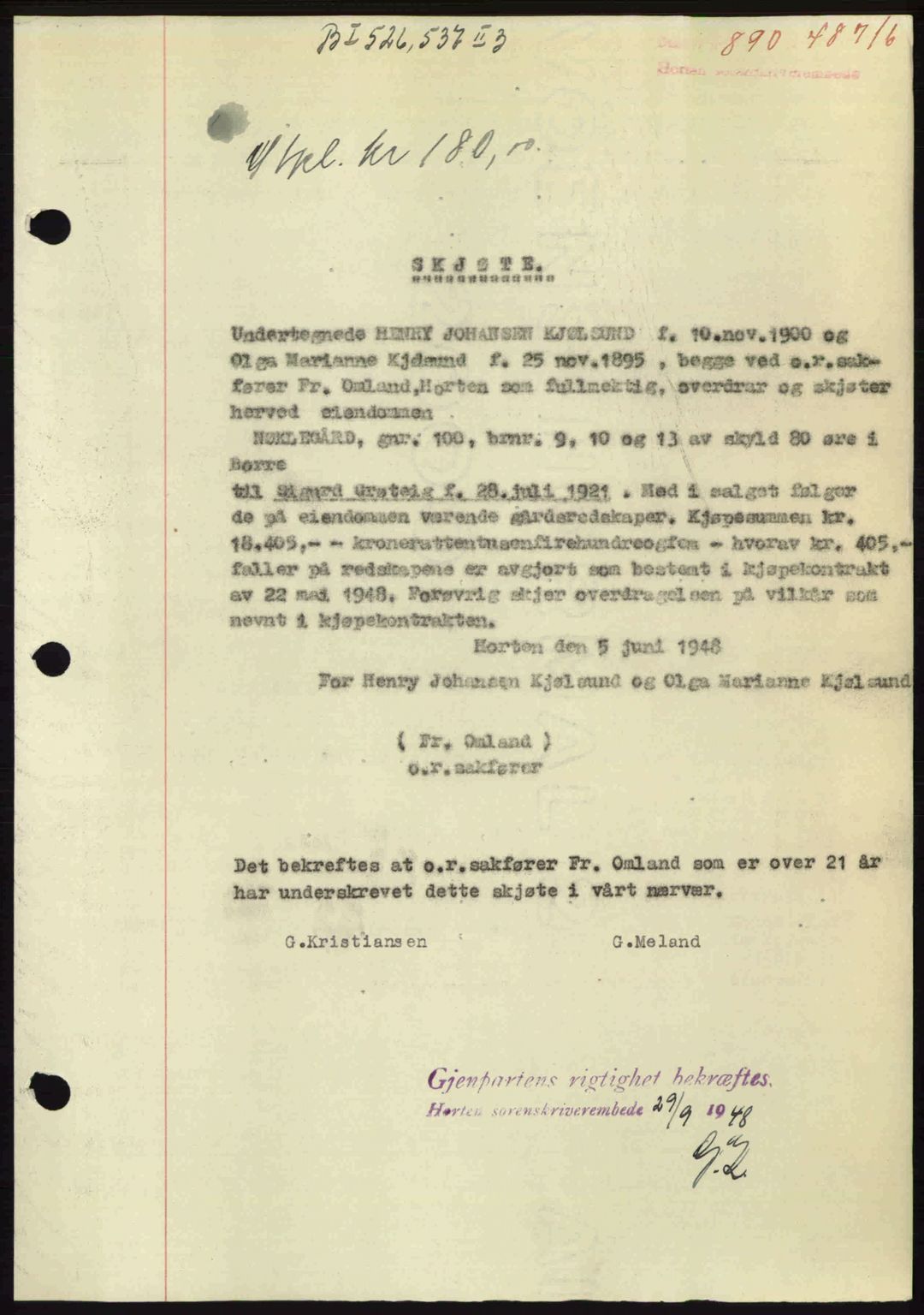 Horten sorenskriveri, SAKO/A-133/G/Ga/Gaa/L0010: Pantebok nr. A-10, 1947-1948, Dagboknr: 890/1948