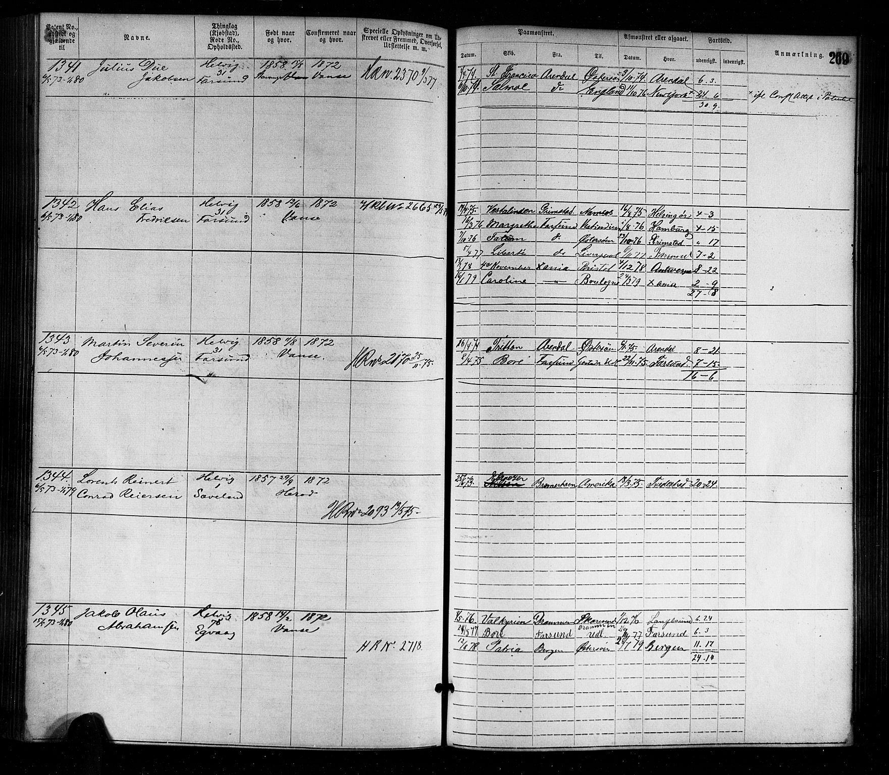 Farsund mønstringskrets, AV/SAK-2031-0017/F/Fa/L0001: Annotasjonsrulle nr 1-1920 med register, M-1, 1869-1877, s. 299