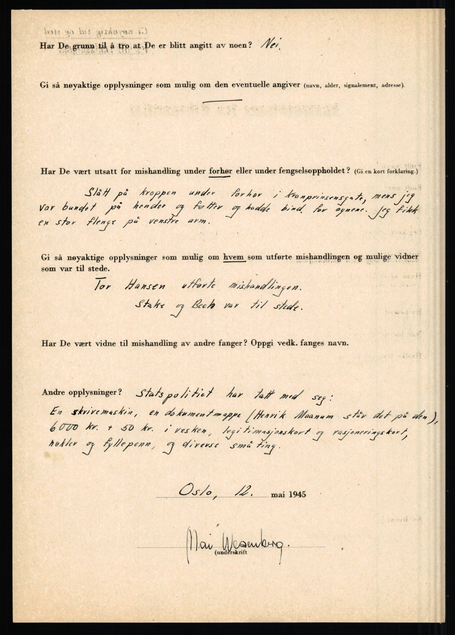 Rikspolitisjefen, AV/RA-S-1560/L/L0017: Tidemann, Hermann G. - Veum, Tjostolv, 1940-1945, s. 1134