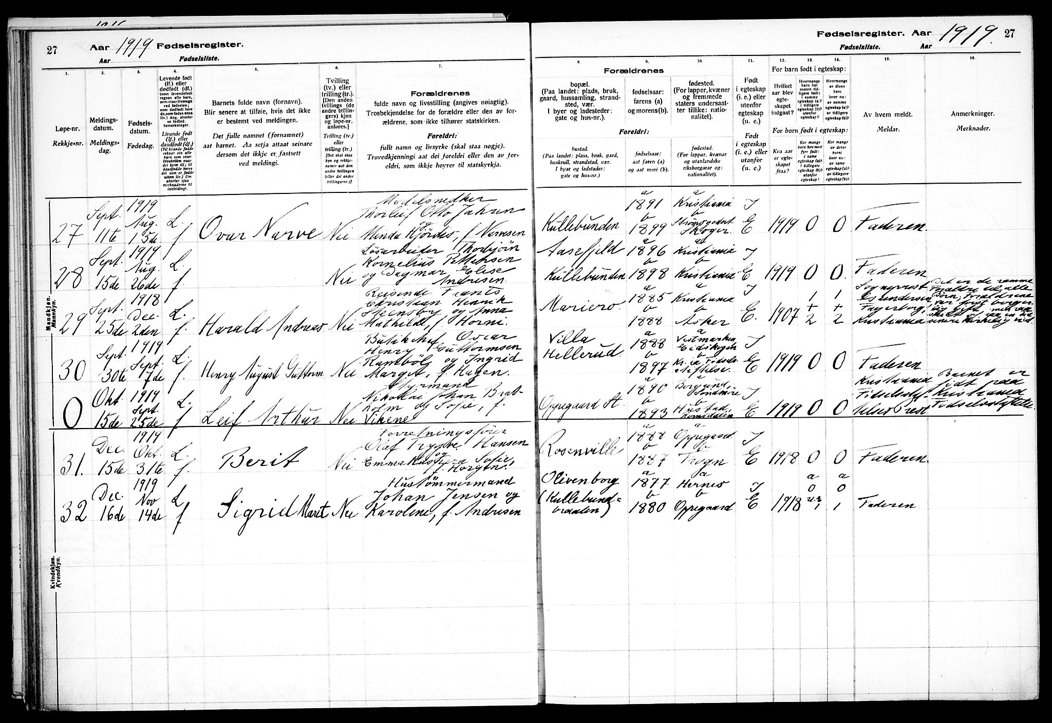 Nesodden prestekontor Kirkebøker, SAO/A-10013/J/Jb/L0001: Fødselsregister nr. II 1, 1916-1933, s. 27
