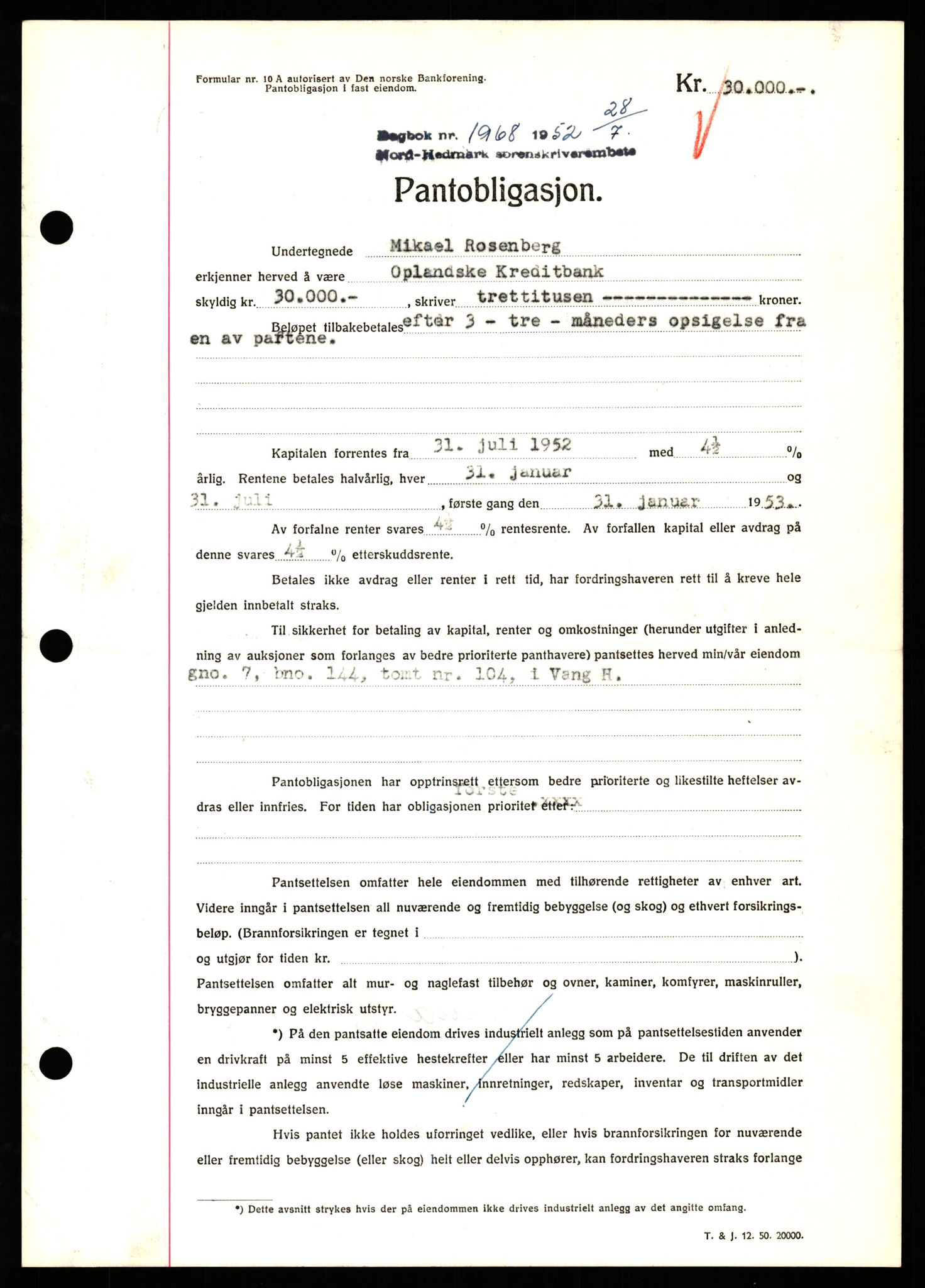 Nord-Hedmark sorenskriveri, SAH/TING-012/H/Hb/Hbf/L0025: Pantebok nr. B25, 1952-1952, Dagboknr: 1968/1952