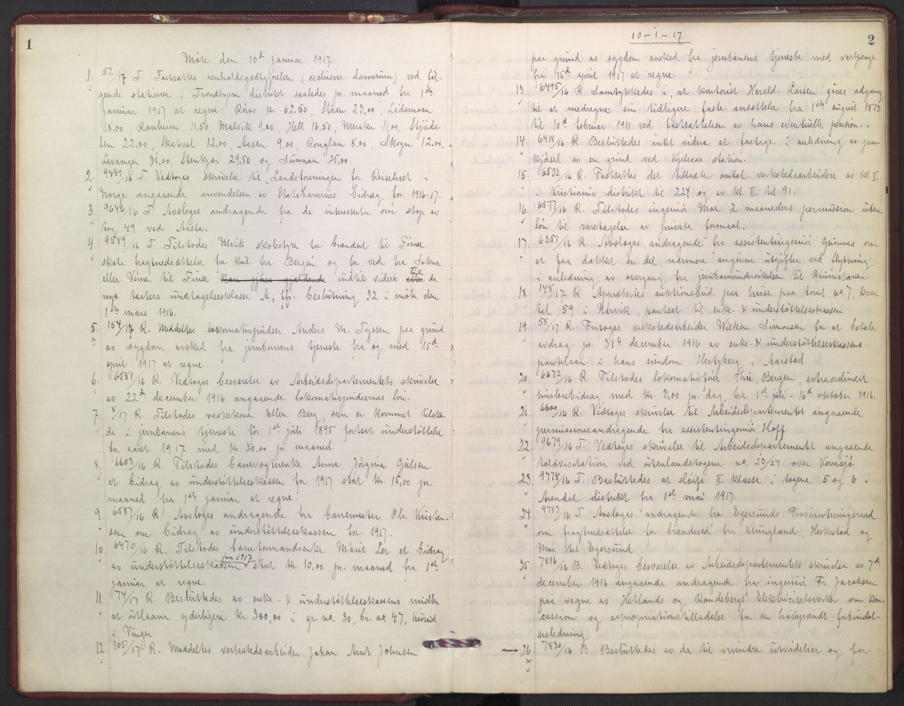 Norges statsbaner, Administrasjons- økonomi- og personalavdelingen, AV/RA-S-3412/A/Aa/L0016: Forhandlingsprotokoll, 1917-1918, s. 1-2