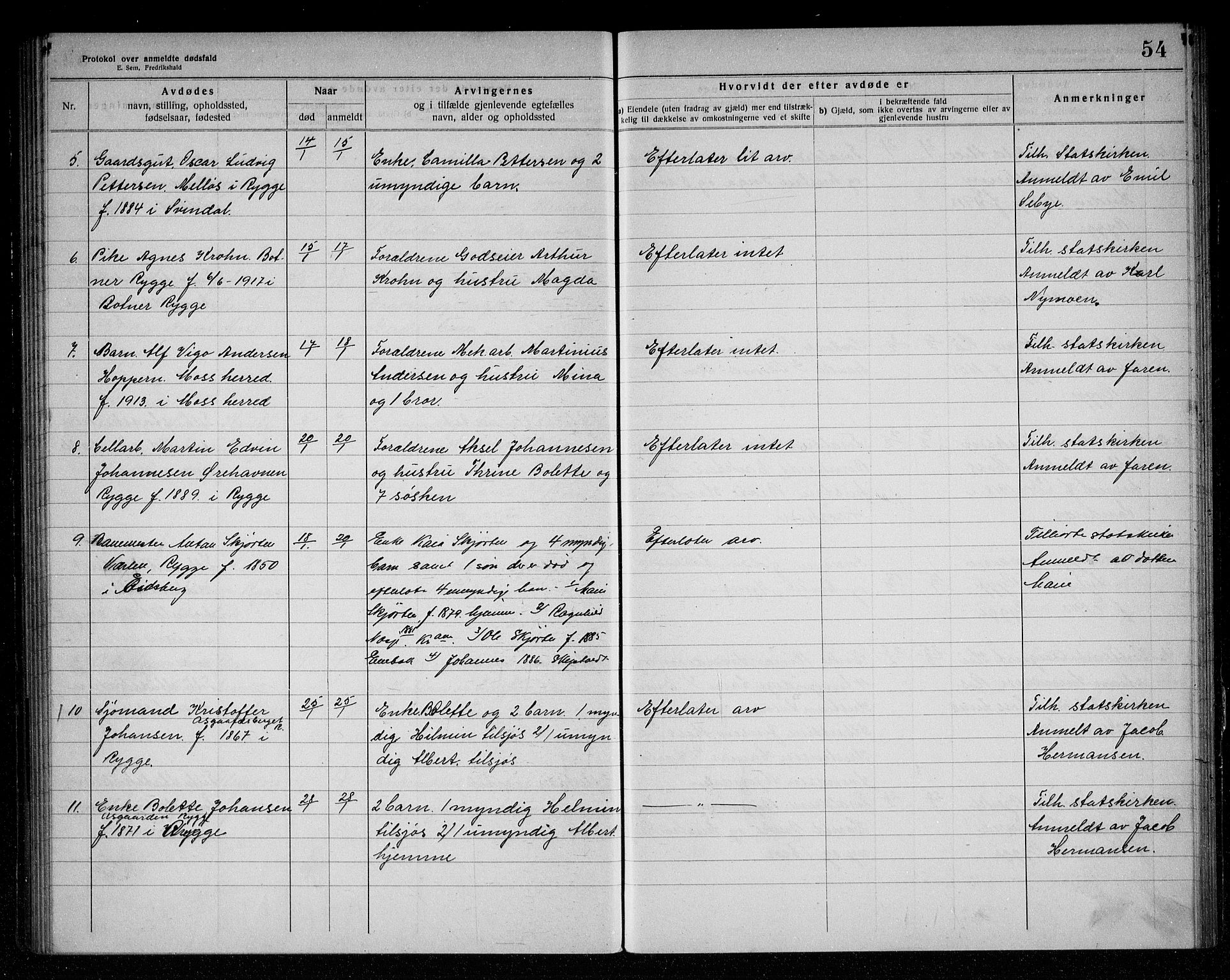 Rygge lensmannskontor, AV/SAO-A-10005/H/Ha/Haa/L0006: Dødsfallsprotokoll, 1916-1920, s. 54