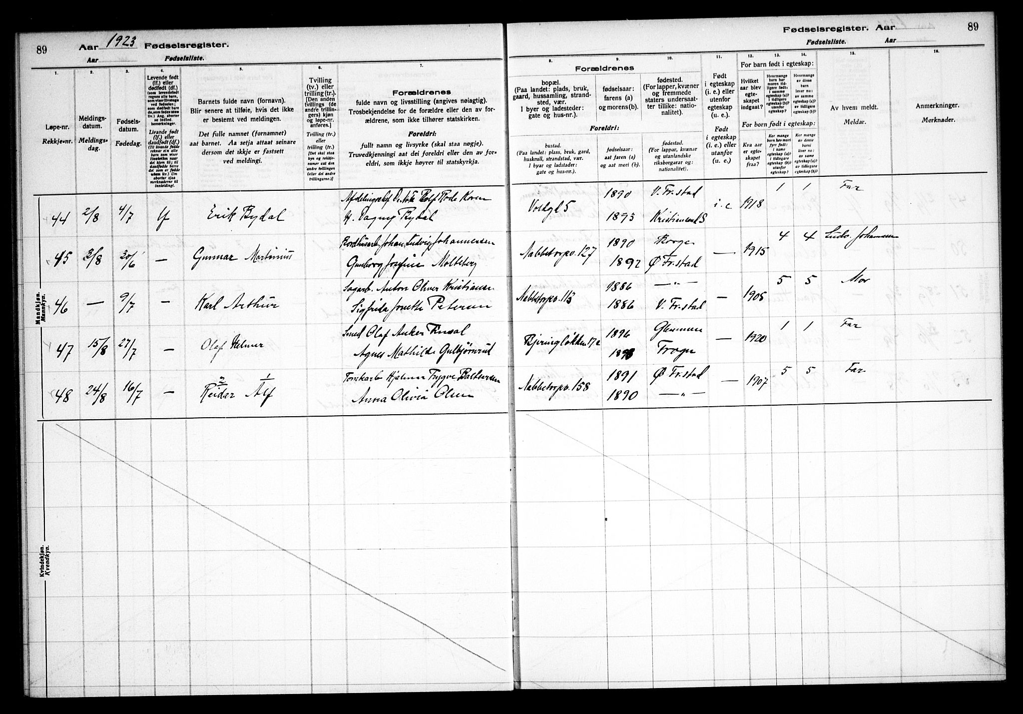 Østre Fredrikstad prestekontor Kirkebøker, AV/SAO-A-10907/J/Ja/L0001: Fødselsregister nr. 1, 1916-1936, s. 89