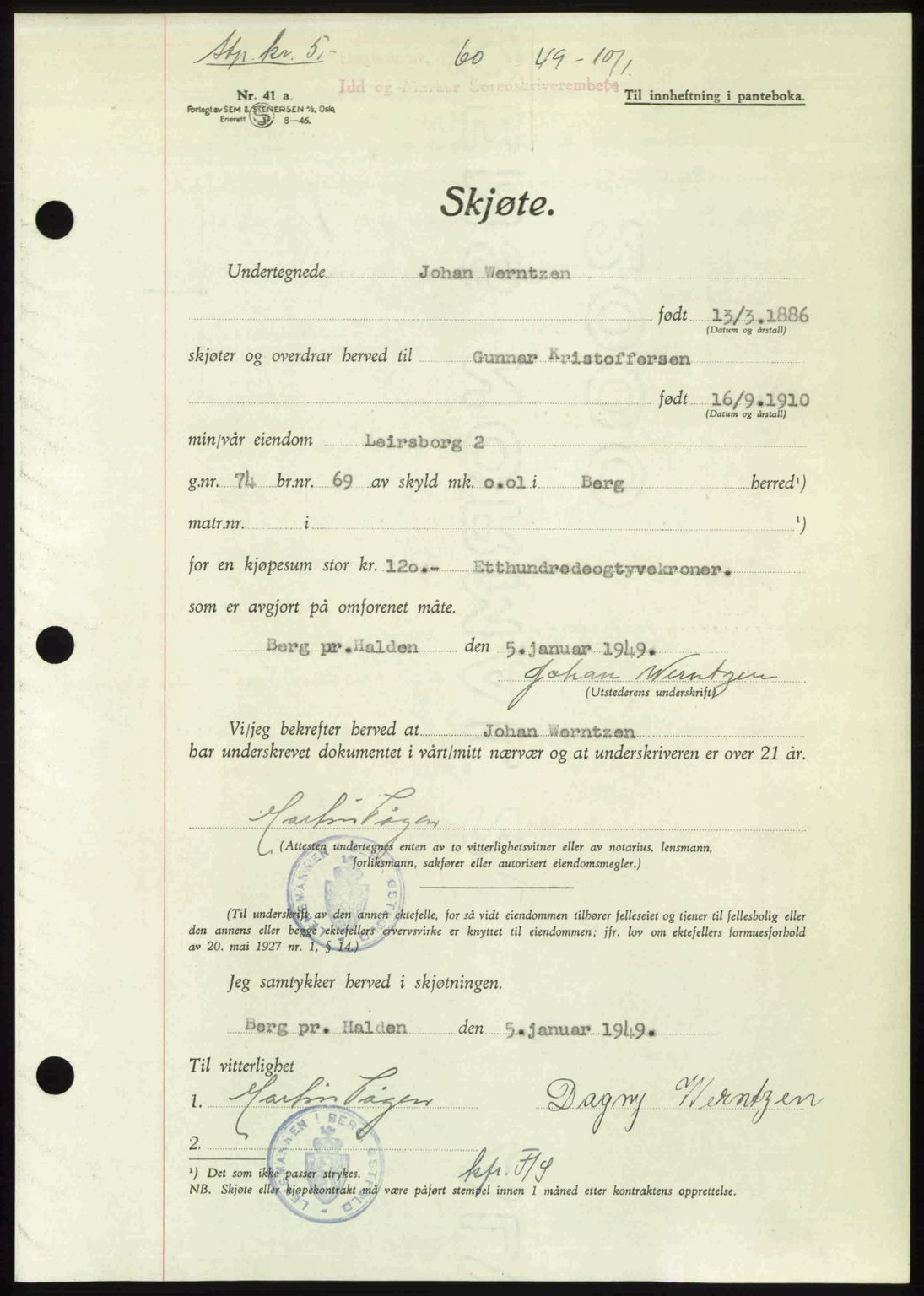 Idd og Marker sorenskriveri, AV/SAO-A-10283/G/Gb/Gbb/L0011: Pantebok nr. A11, 1948-1949, Dagboknr: 60/1949