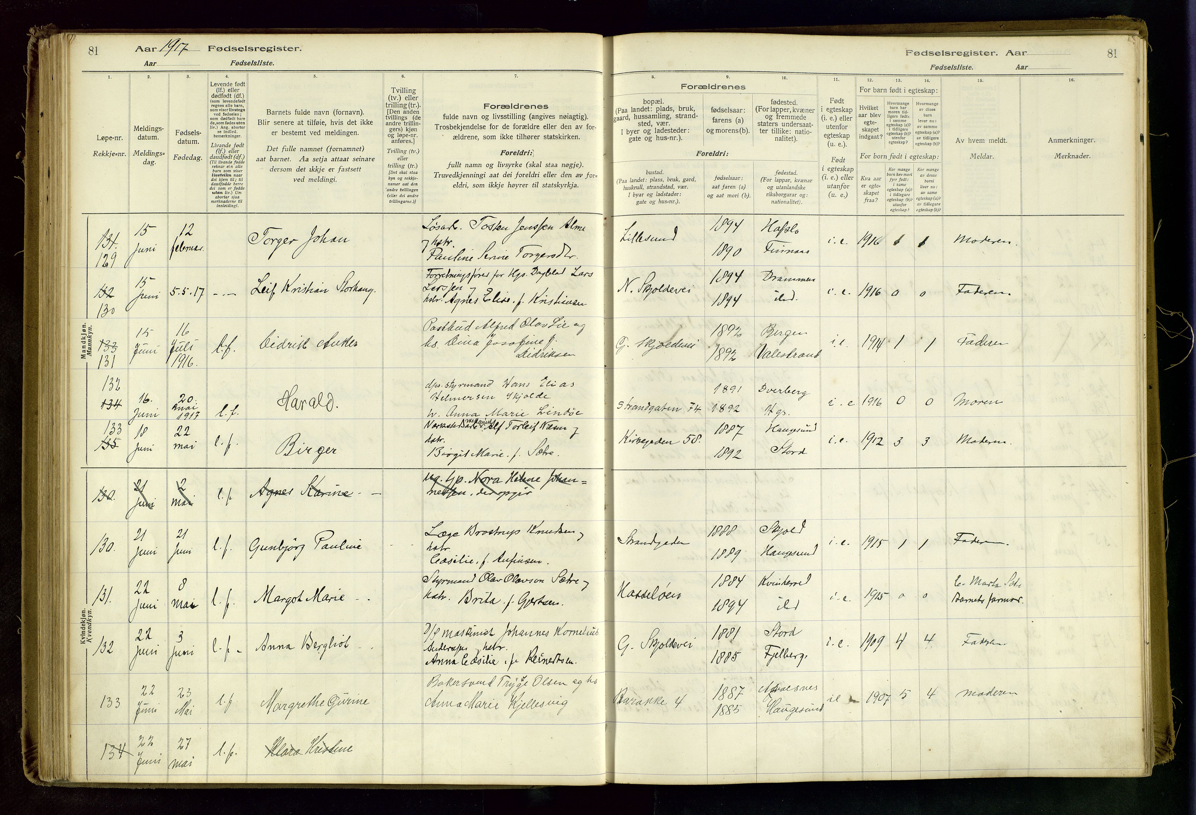 Haugesund sokneprestkontor, AV/SAST-A -101863/I/Id/L0003: Fødselsregister nr. 1, 1916-1919, s. 81