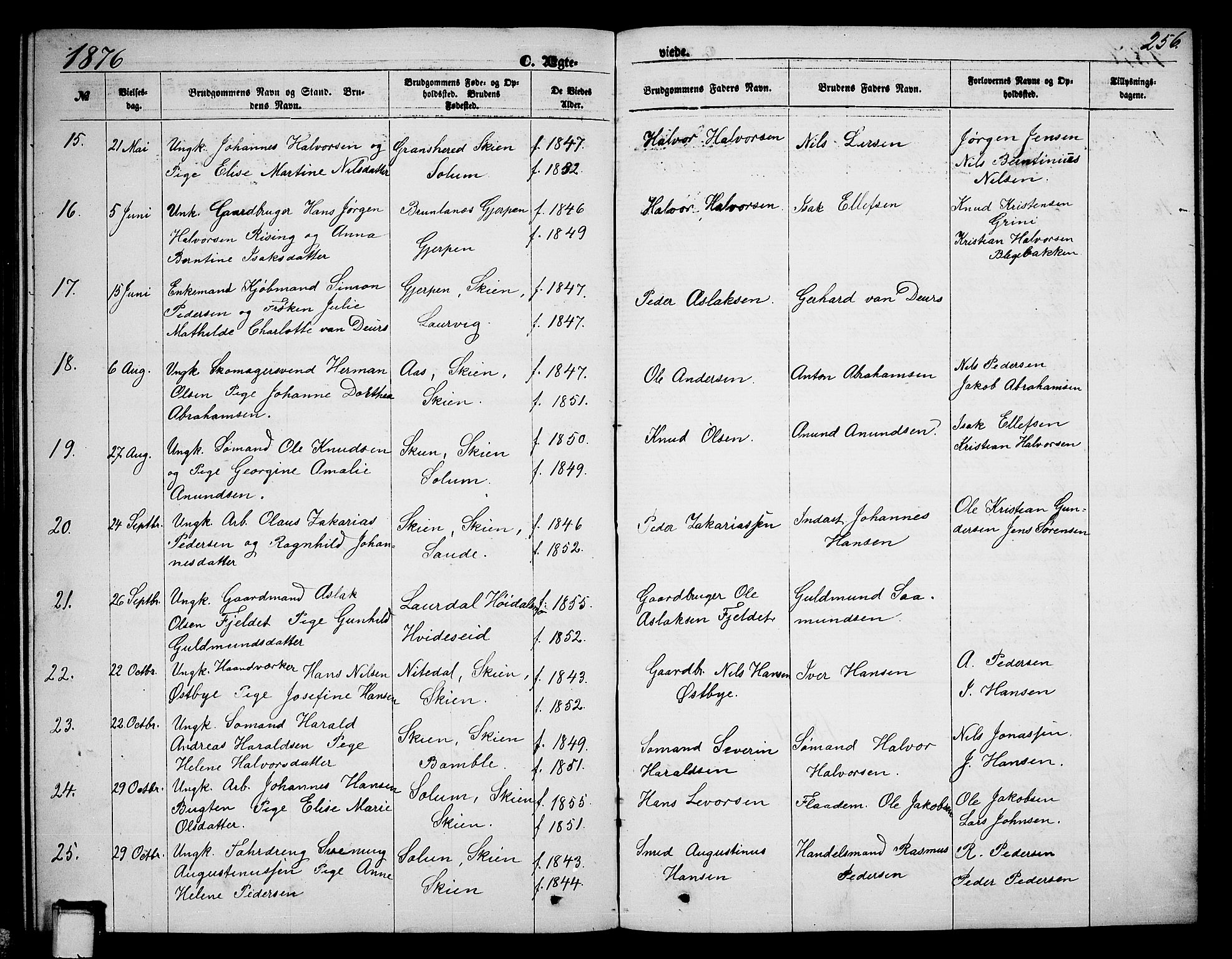 Skien kirkebøker, AV/SAKO-A-302/G/Ga/L0005: Klokkerbok nr. 5, 1868-1880, s. 256