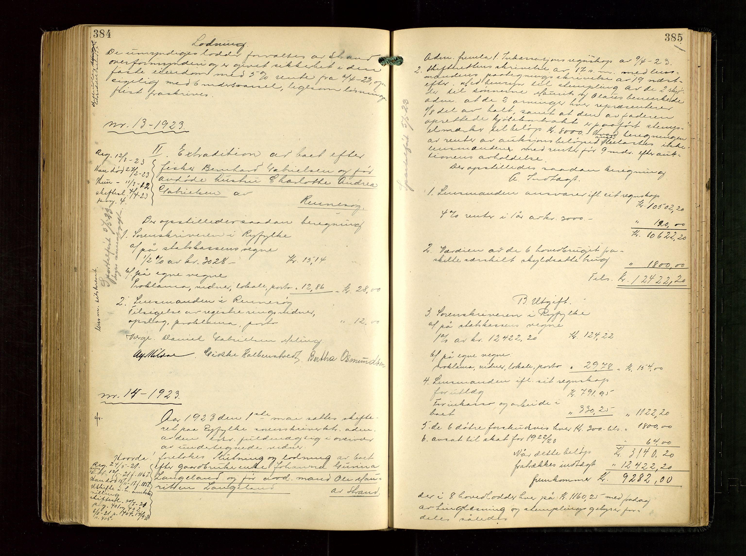 Ryfylke tingrett, AV/SAST-A-100055/001/IV/IVG/L0005: Skifteudlodningsprotokoll Med register, 1918-1924, s. 384-385