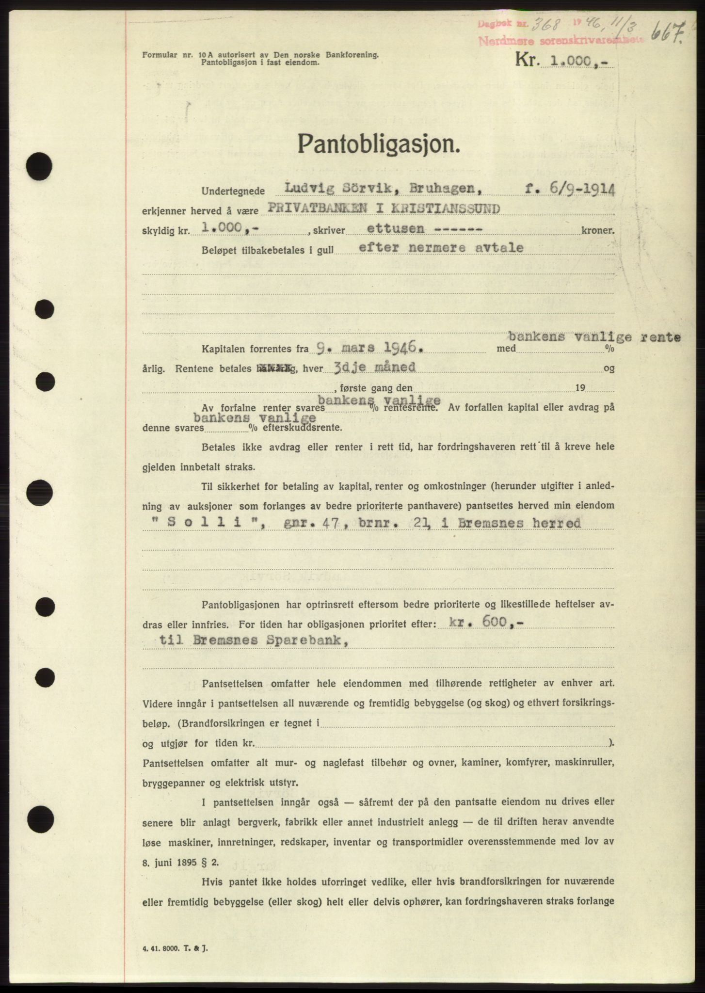 Nordmøre sorenskriveri, SAT/A-4132/1/2/2Ca: Pantebok nr. B93b, 1946-1946, Dagboknr: 368/1946