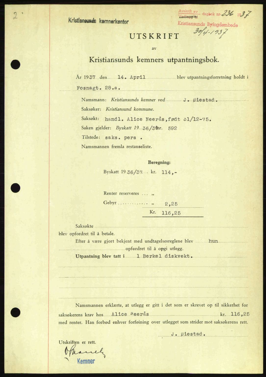 Kristiansund byfogd, AV/SAT-A-4587/A/27: Pantebok nr. 29, 1936-1937, Dagboknr: 236/1937