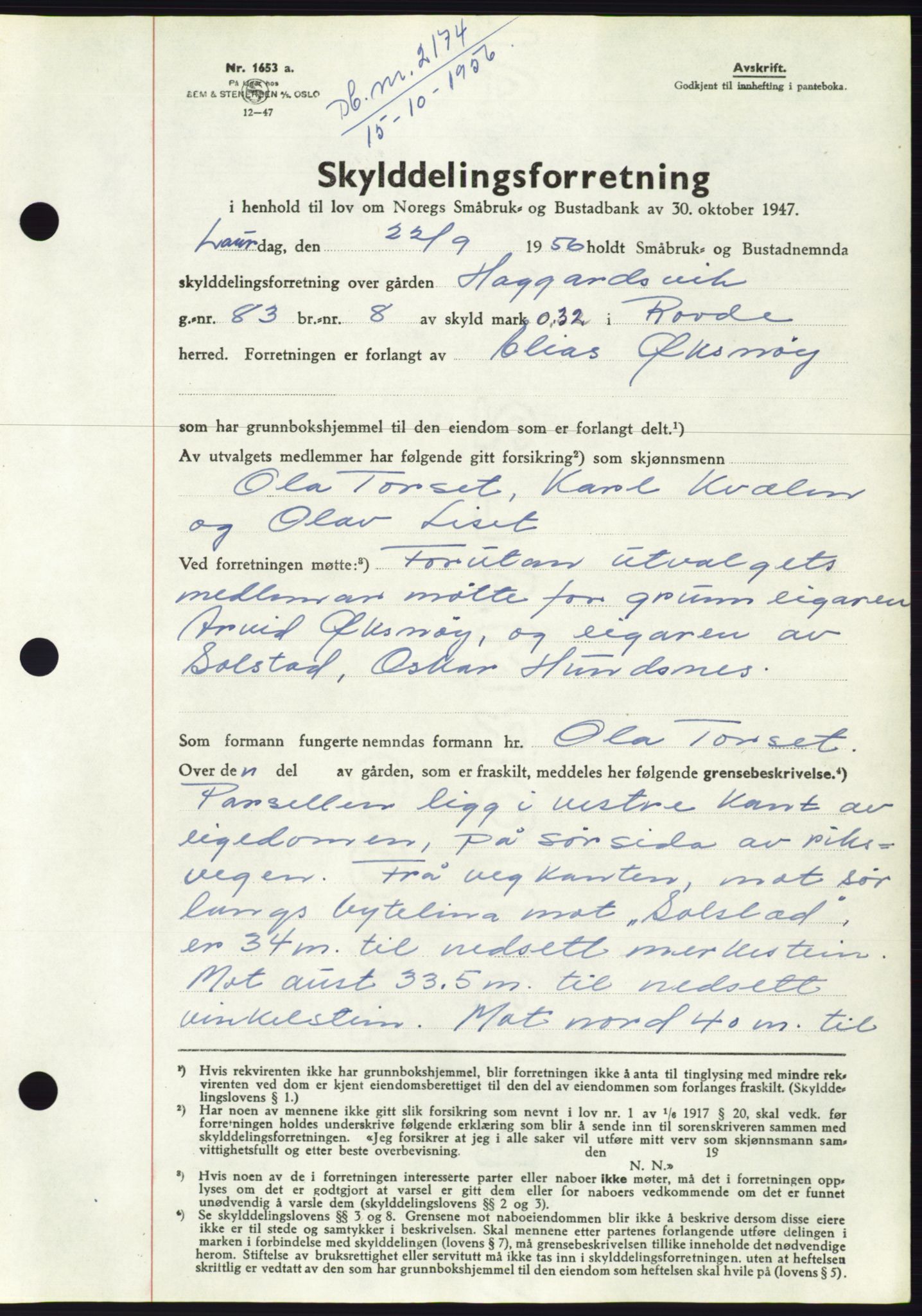Søre Sunnmøre sorenskriveri, AV/SAT-A-4122/1/2/2C/L0104: Pantebok nr. 30A, 1956-1956, Dagboknr: 2174/1956