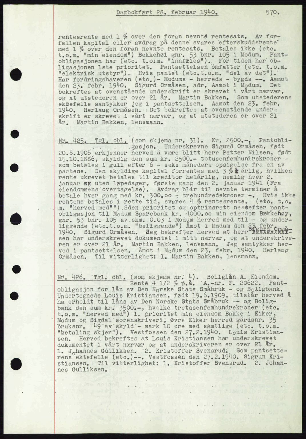 Eiker, Modum og Sigdal sorenskriveri, SAKO/A-123/G/Ga/Gab/L0041: Pantebok nr. A11, 1939-1940, Dagboknr: 425/1940