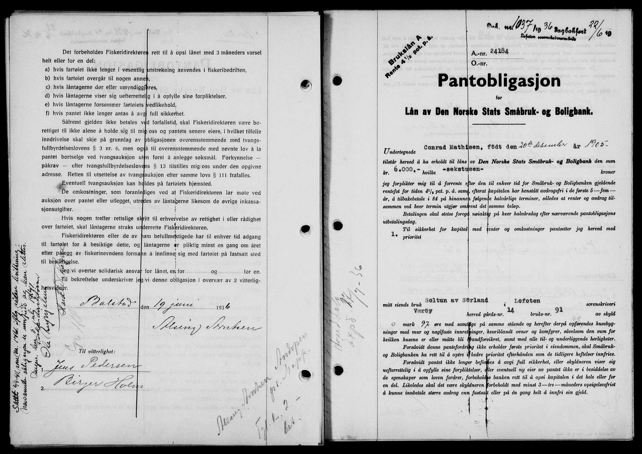 Lofoten sorenskriveri, SAT/A-0017/1/2/2C/L0033b: Pantebok nr. 33b, 1936-1936, Dagboknr: 1037/1936