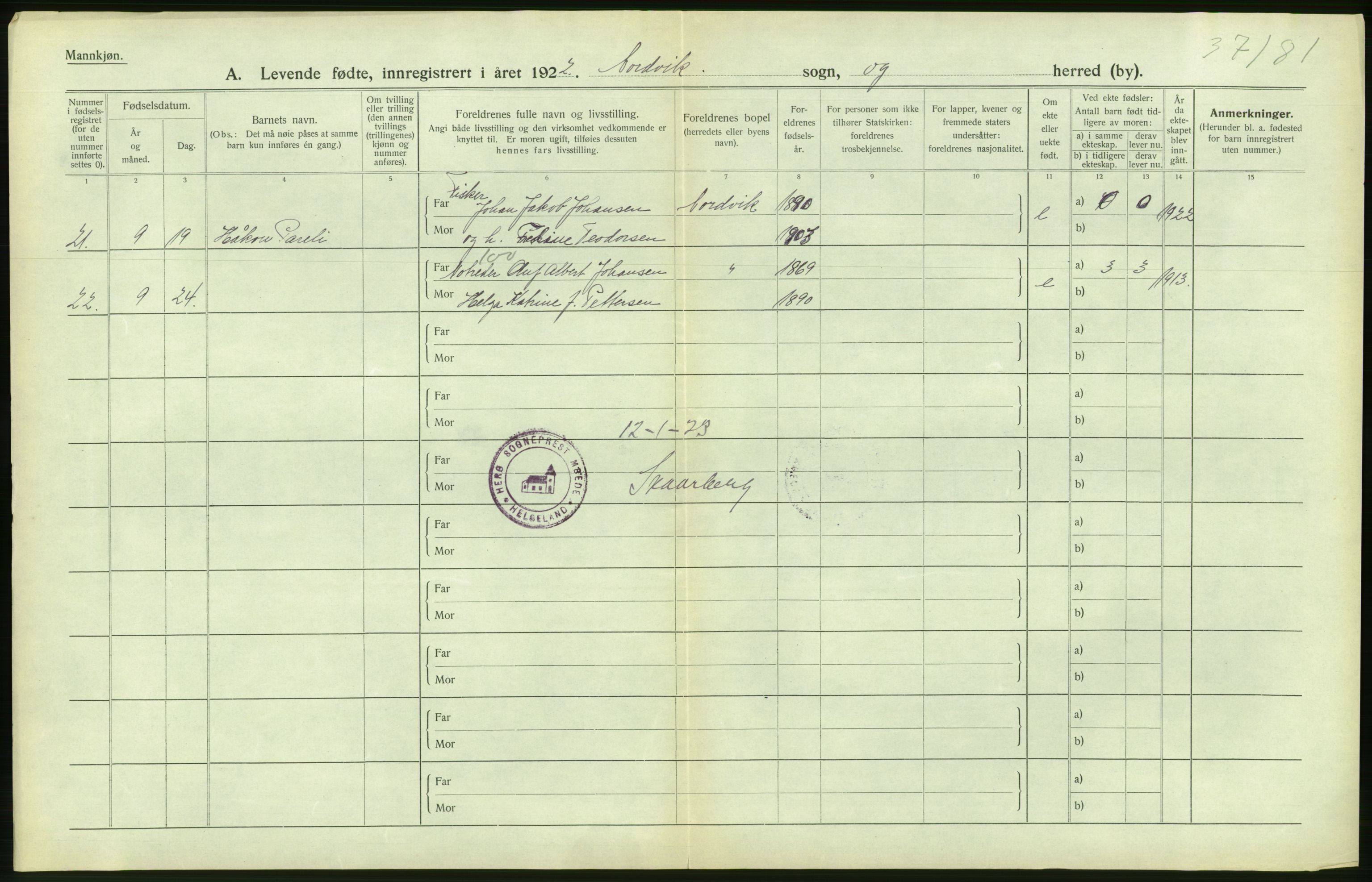 Statistisk sentralbyrå, Sosiodemografiske emner, Befolkning, AV/RA-S-2228/D/Df/Dfc/Dfcb/L0044: Nordland fylke: Levendefødte menn og kvinner. Bygder og byer., 1922, s. 200