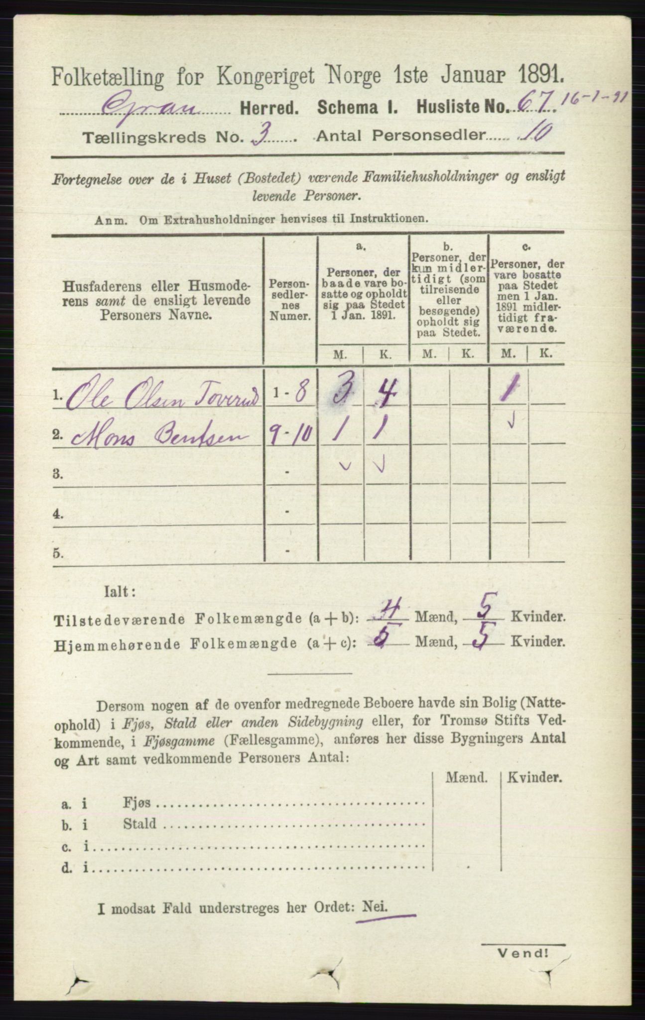 RA, Folketelling 1891 for 0534 Gran herred, 1891, s. 677