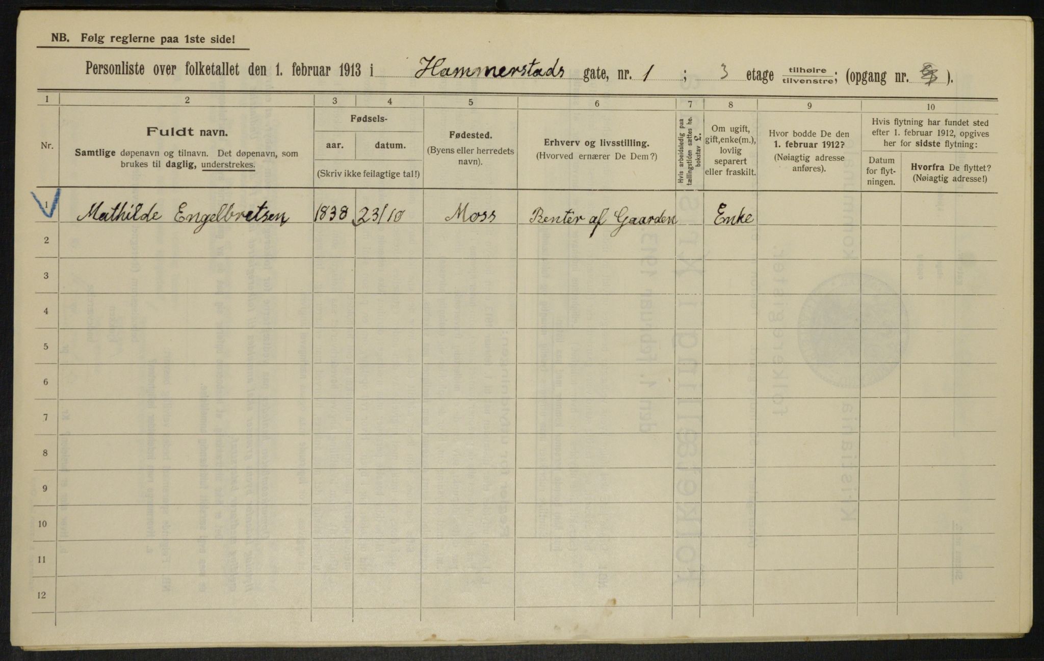 OBA, Kommunal folketelling 1.2.1913 for Kristiania, 1913, s. 34582