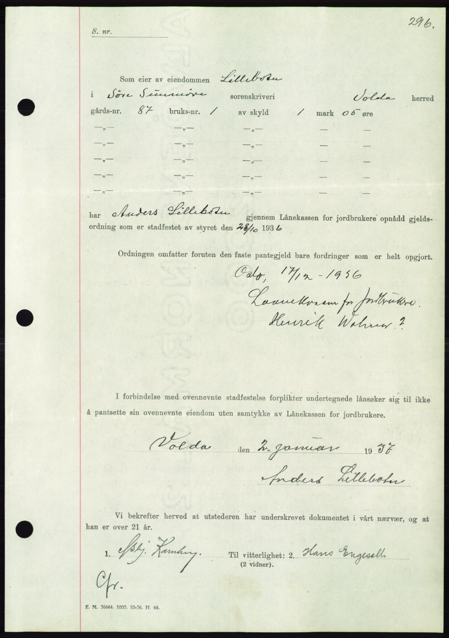 Søre Sunnmøre sorenskriveri, AV/SAT-A-4122/1/2/2C/L0062: Pantebok nr. 56, 1936-1937, Dagboknr: 166/1937