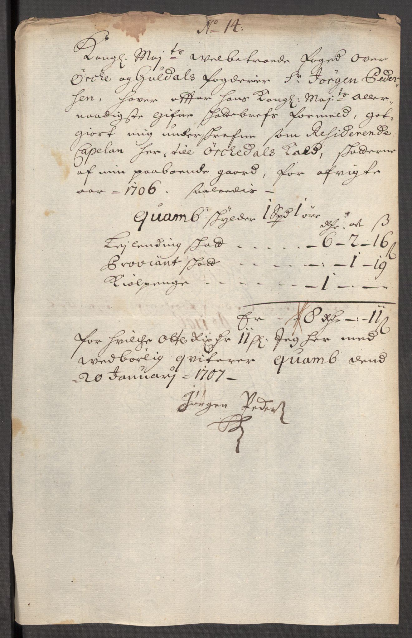 Rentekammeret inntil 1814, Reviderte regnskaper, Fogderegnskap, RA/EA-4092/R60/L3956: Fogderegnskap Orkdal og Gauldal, 1706, s. 166