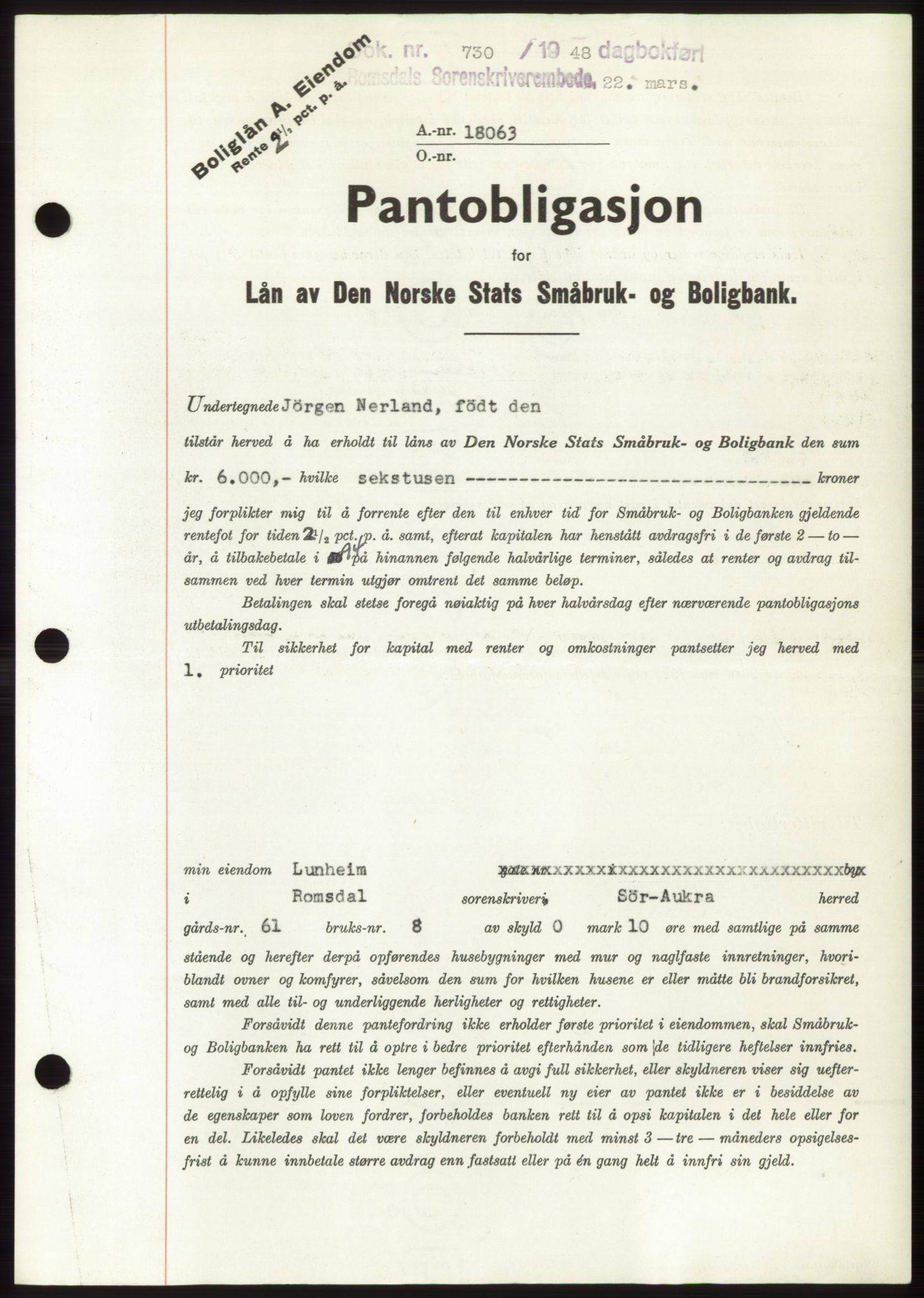 Romsdal sorenskriveri, AV/SAT-A-4149/1/2/2C: Pantebok nr. B3, 1946-1948, Dagboknr: 730/1948