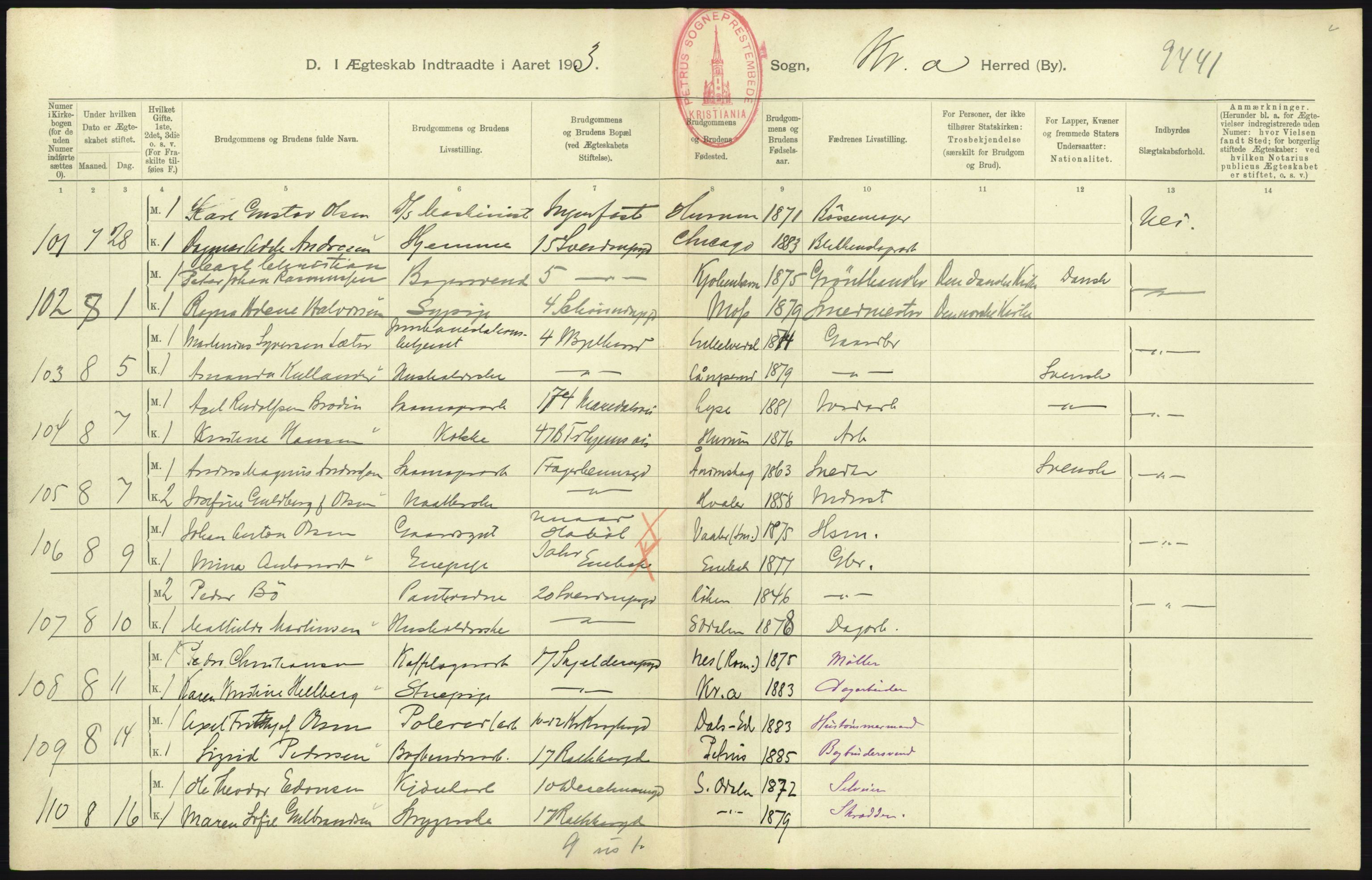 Statistisk sentralbyrå, Sosiodemografiske emner, Befolkning, AV/RA-S-2228/D/Df/Dfa/Dfaa/L0004: Kristiania: Gifte, døde, 1903, s. 507