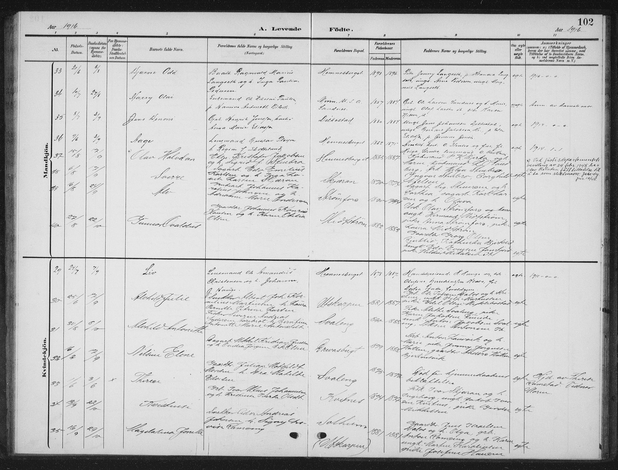 Ministerialprotokoller, klokkerbøker og fødselsregistre - Nordland, AV/SAT-A-1459/825/L0370: Klokkerbok nr. 825C07, 1903-1923, s. 102