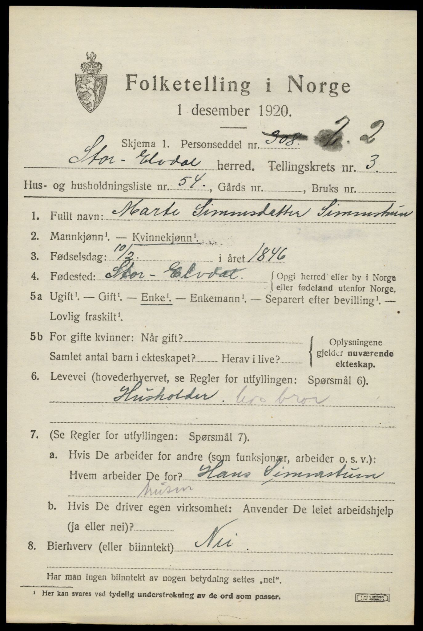 SAH, Folketelling 1920 for 0430 Stor-Elvdal herred, 1920, s. 3398