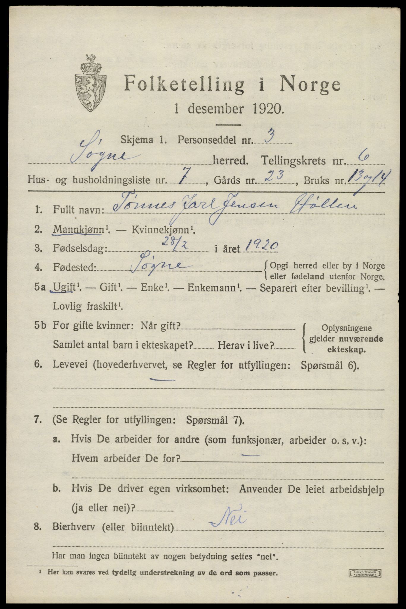 SAK, Folketelling 1920 for 1018 Søgne herred, 1920, s. 2811