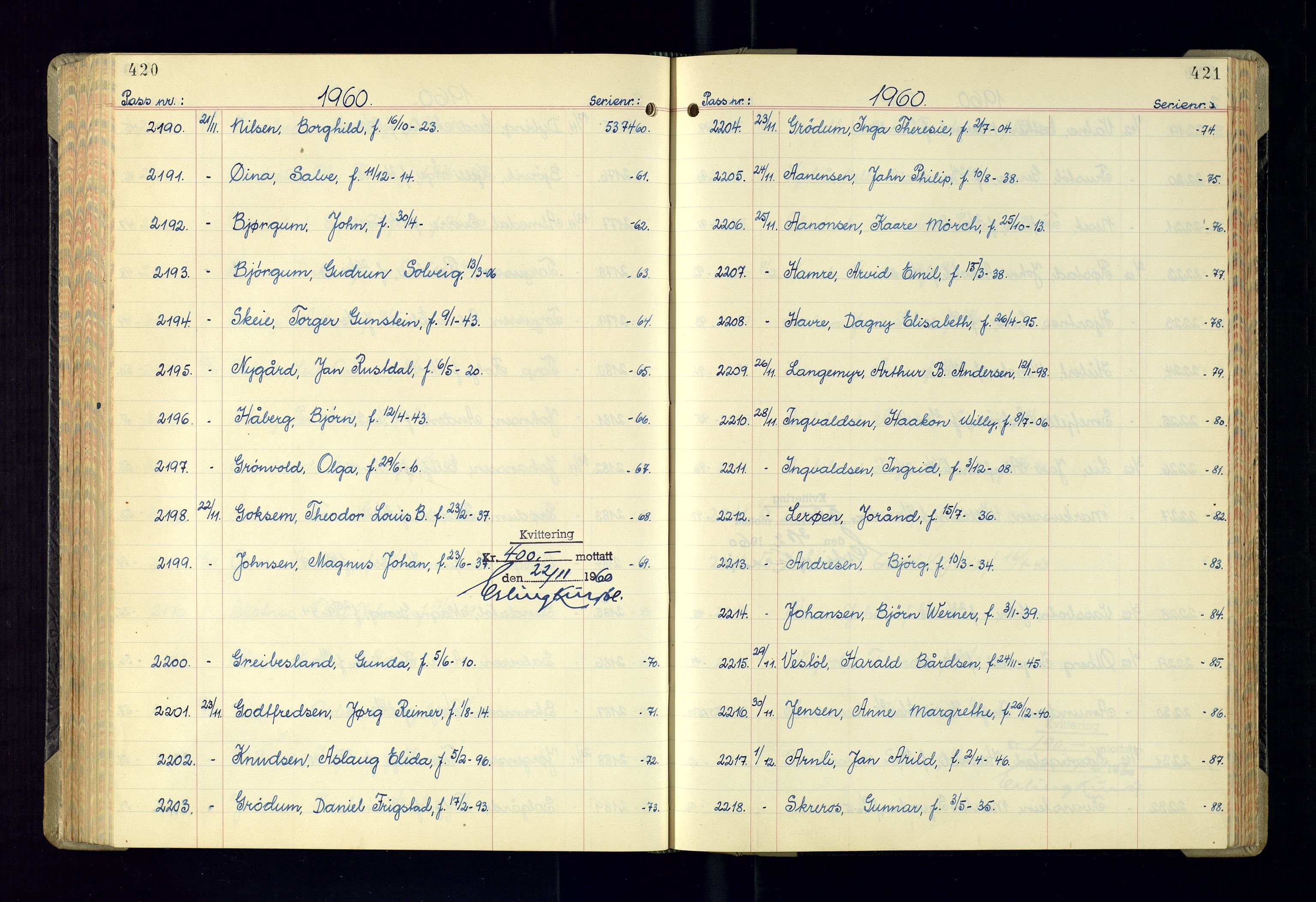 Kristiansand politikammer - 2, AV/SAK-1243-0009/K/Ka/Kaa/L0614: Passprotokoll, liste med løpenumre, 1958-1962, s. 420-421