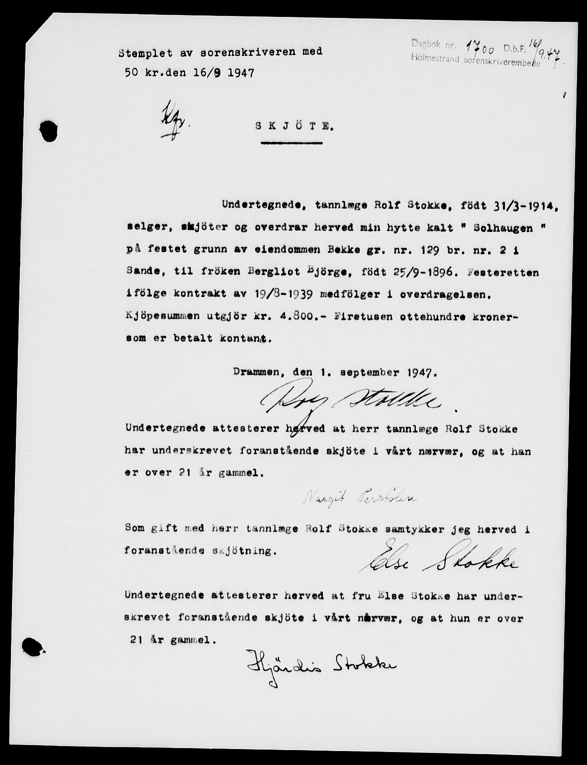 Holmestrand sorenskriveri, SAKO/A-67/G/Ga/Gaa/L0062: Pantebok nr. A-62, 1947-1947, Dagboknr: 1700/1947