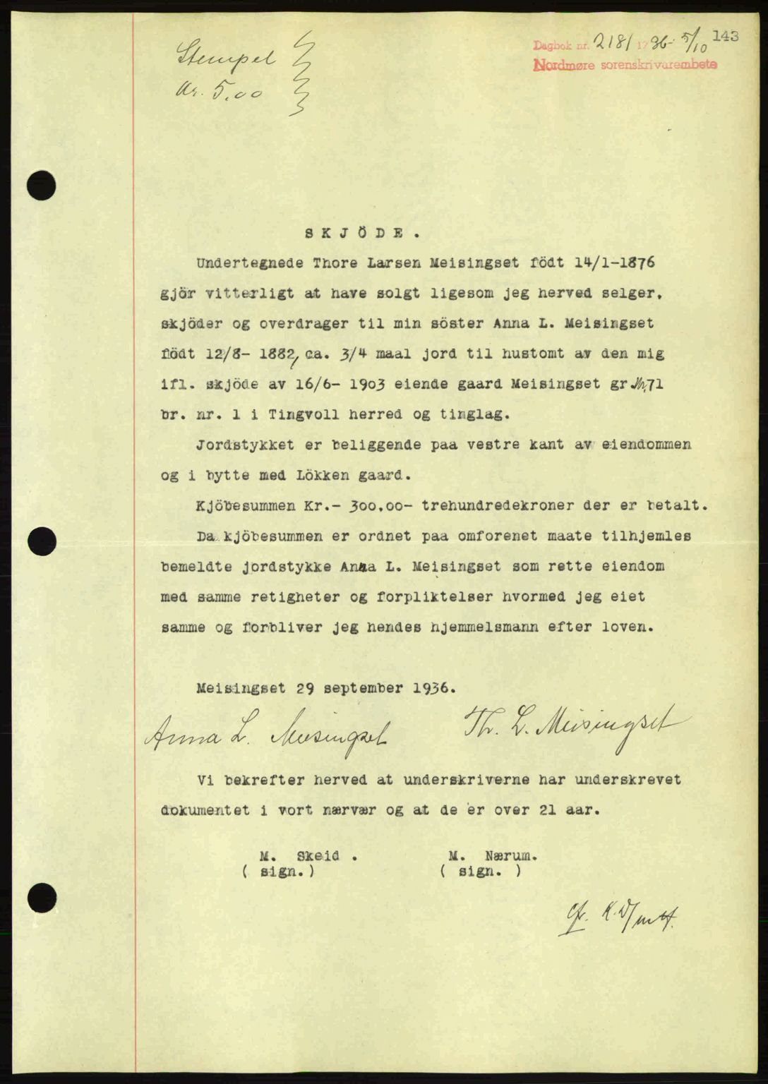 Nordmøre sorenskriveri, SAT/A-4132/1/2/2Ca: Pantebok nr. A80, 1936-1937, Dagboknr: 2181/1936