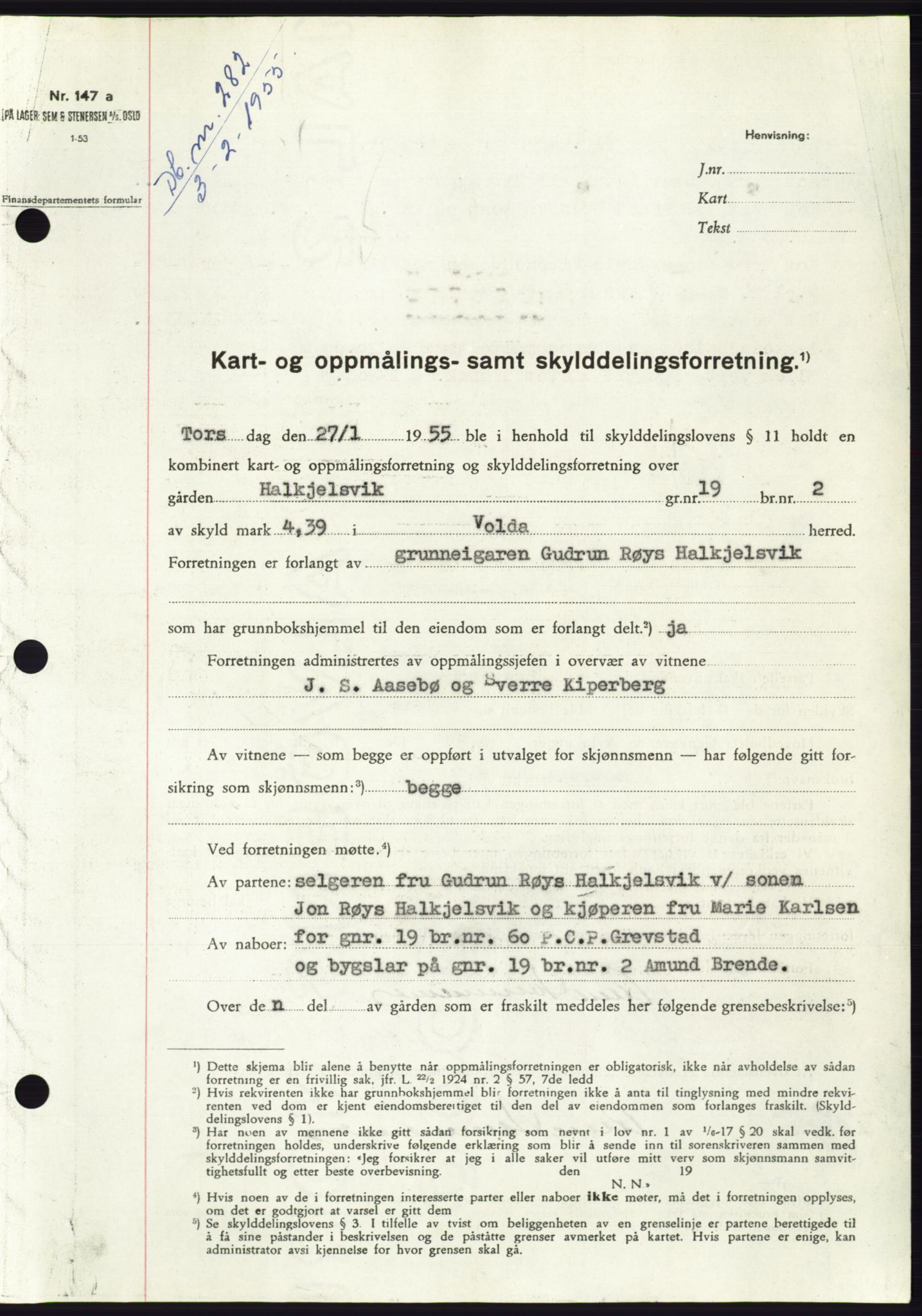 Søre Sunnmøre sorenskriveri, SAT/A-4122/1/2/2C/L0100: Pantebok nr. 26A, 1954-1955, Dagboknr: 282/1955