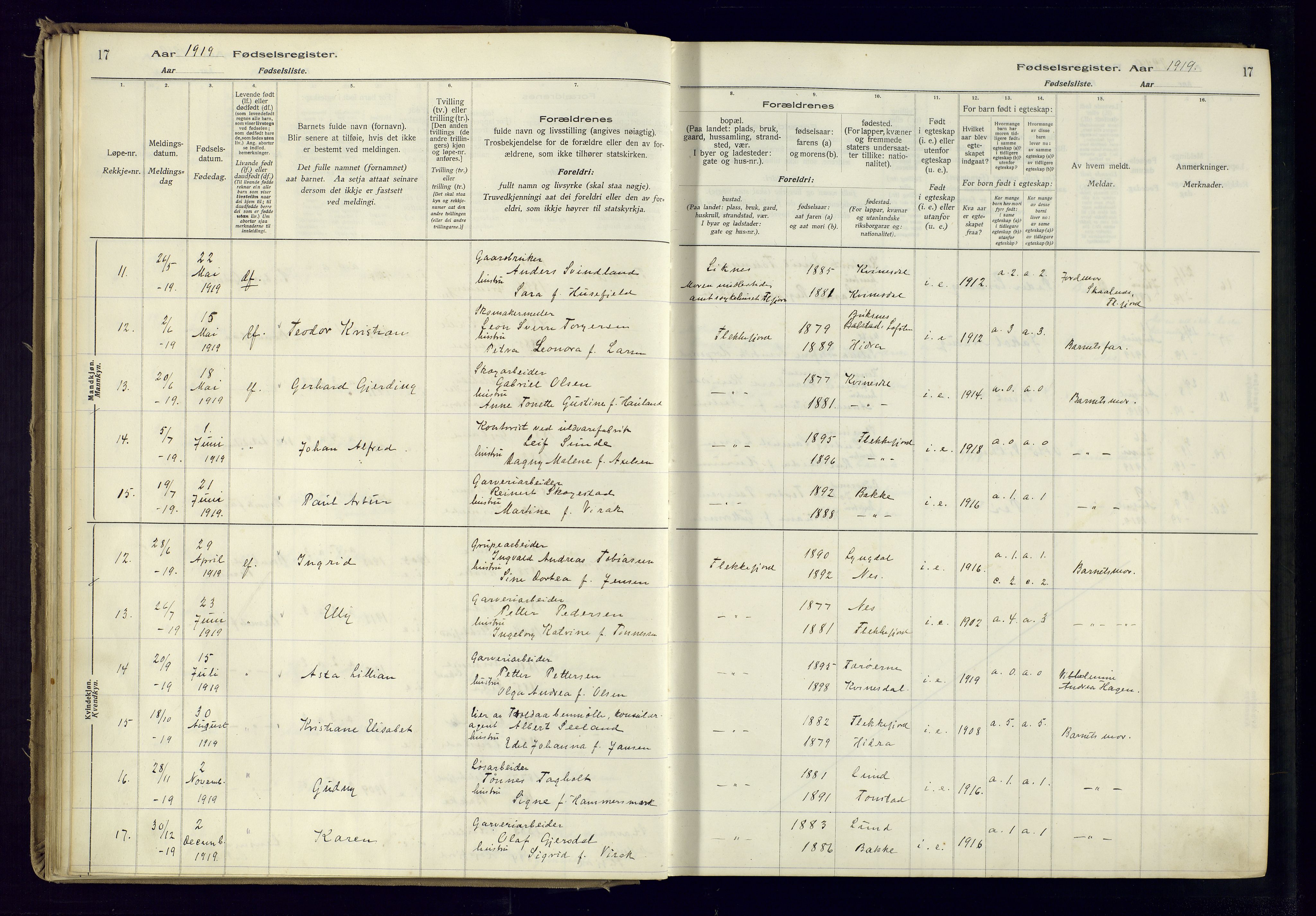 Flekkefjord sokneprestkontor, AV/SAK-1111-0012/J/Ja/L0001: Fødselsregister nr. 1, 1916-1948, s. 17