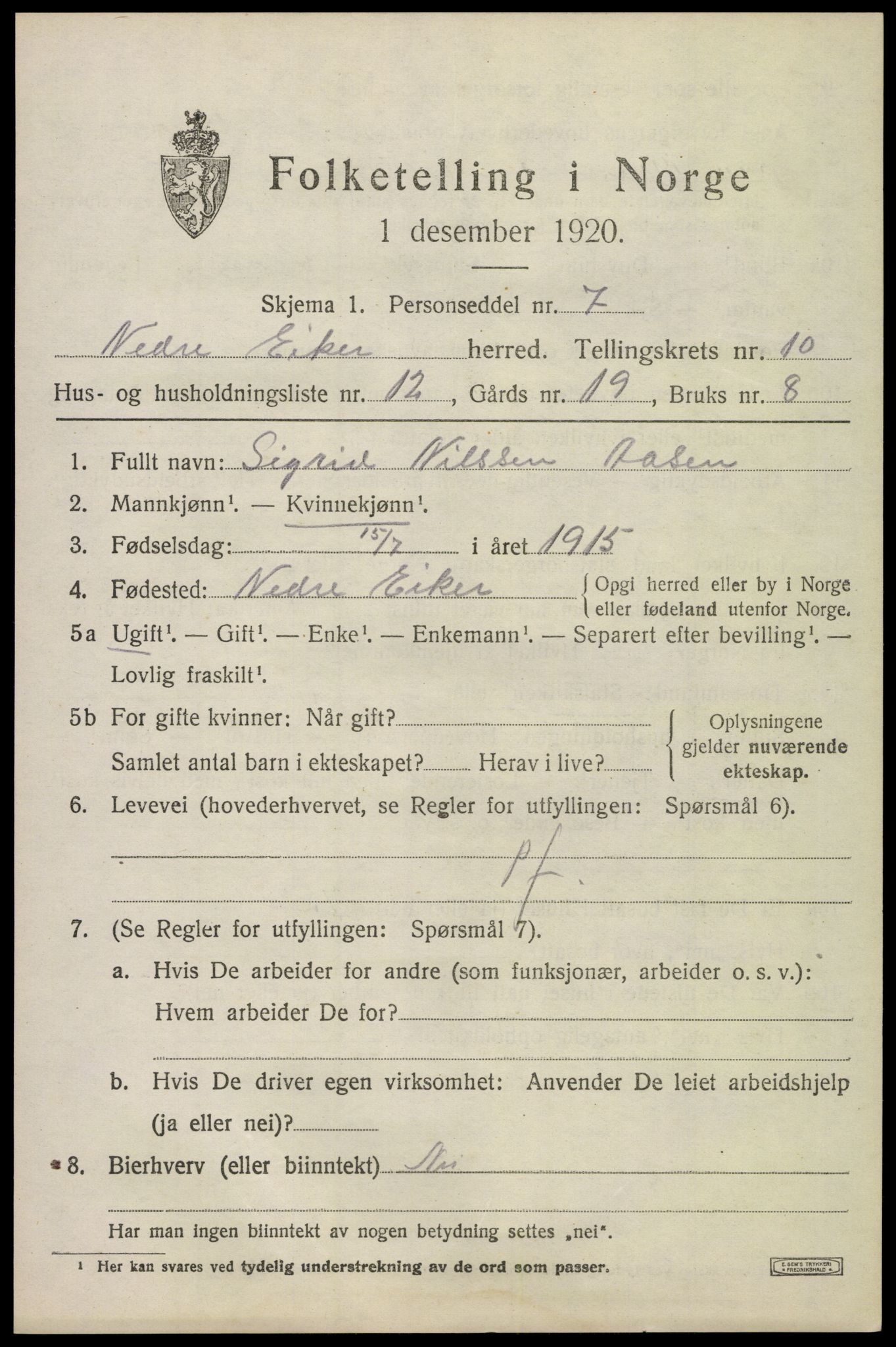 SAKO, Folketelling 1920 for 0625 Nedre Eiker herred, 1920, s. 10037