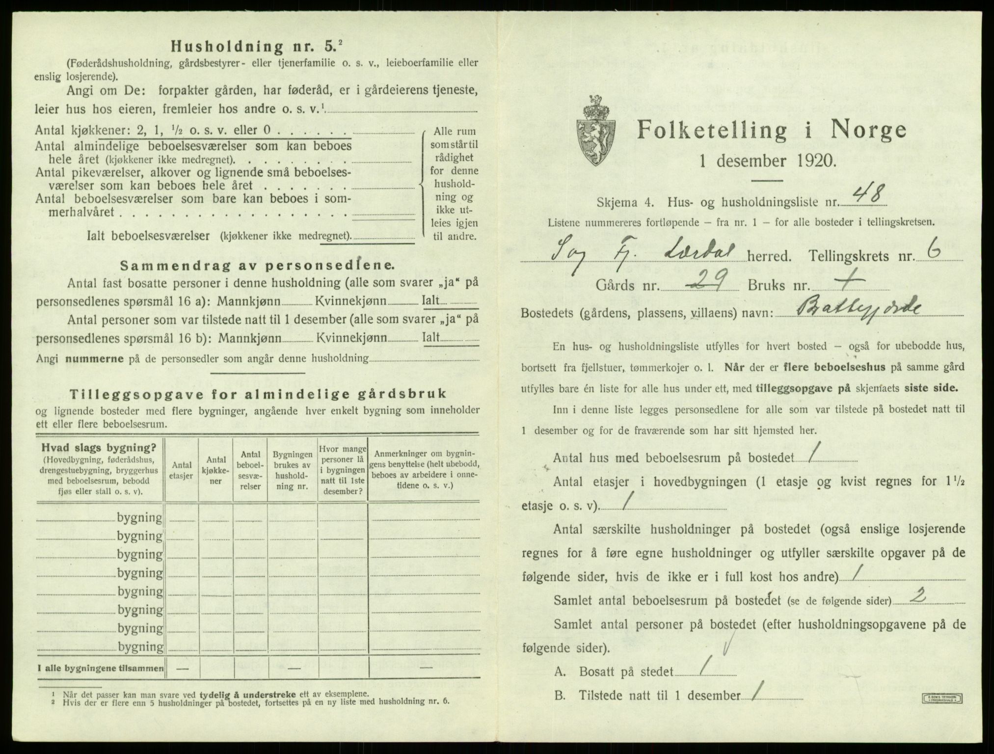 SAB, Folketelling 1920 for 1422 Lærdal herred, 1920, s. 516