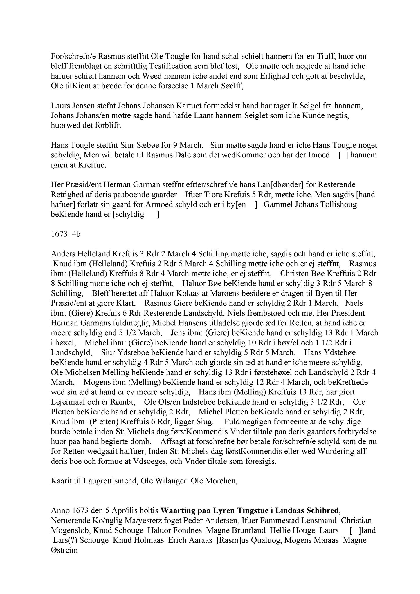 Samling av fulltekstavskrifter, SAB/FULLTEKST/A/12/0115: Nordhordland sorenskriveri, tingbok nr. A 13, 1673