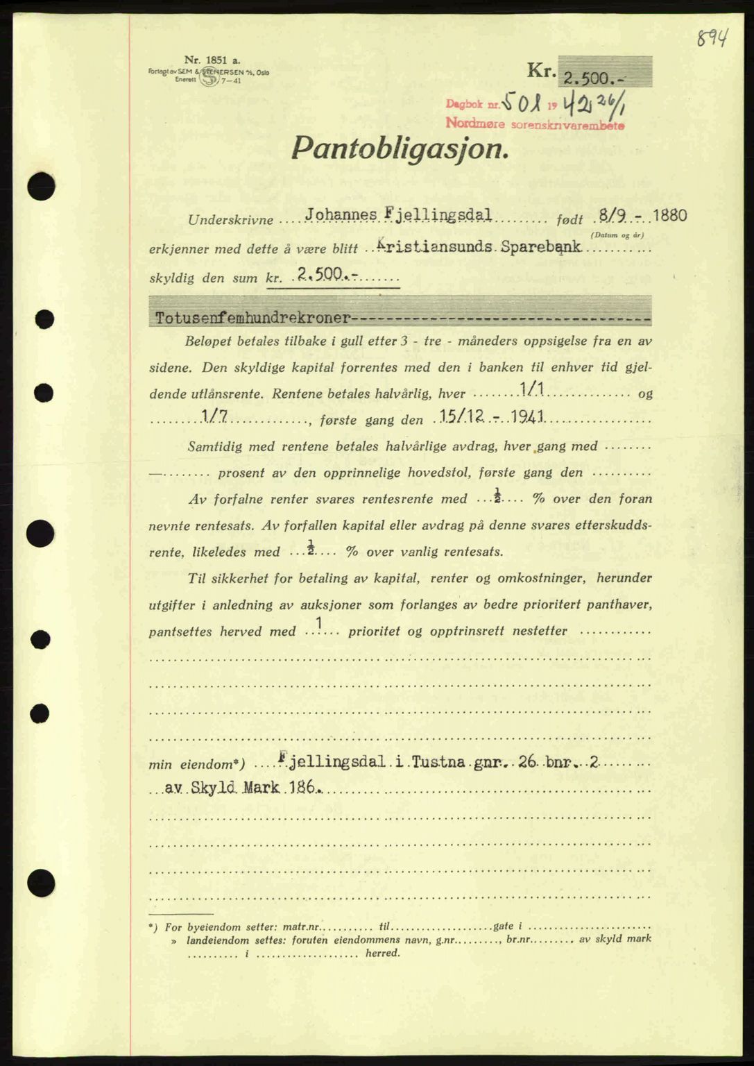 Nordmøre sorenskriveri, AV/SAT-A-4132/1/2/2Ca: Pantebok nr. B88, 1941-1942, Dagboknr: 501/1942