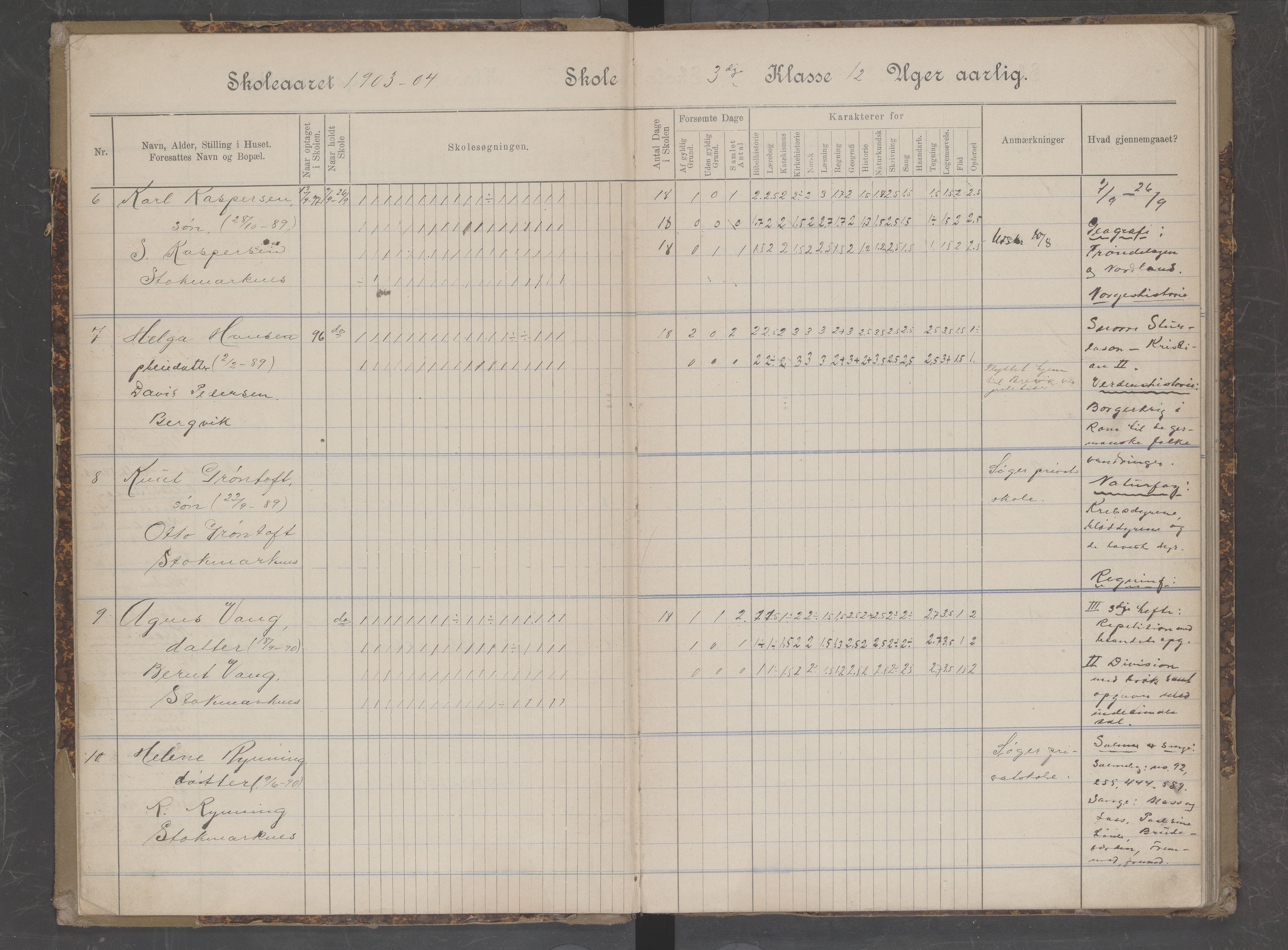 Hadsel kommune. Stokmarknes skolekrets, AIN/K-18660.510.24/G/Ga/L0001: Dagbok og pensumprotokoll, 1903-1909