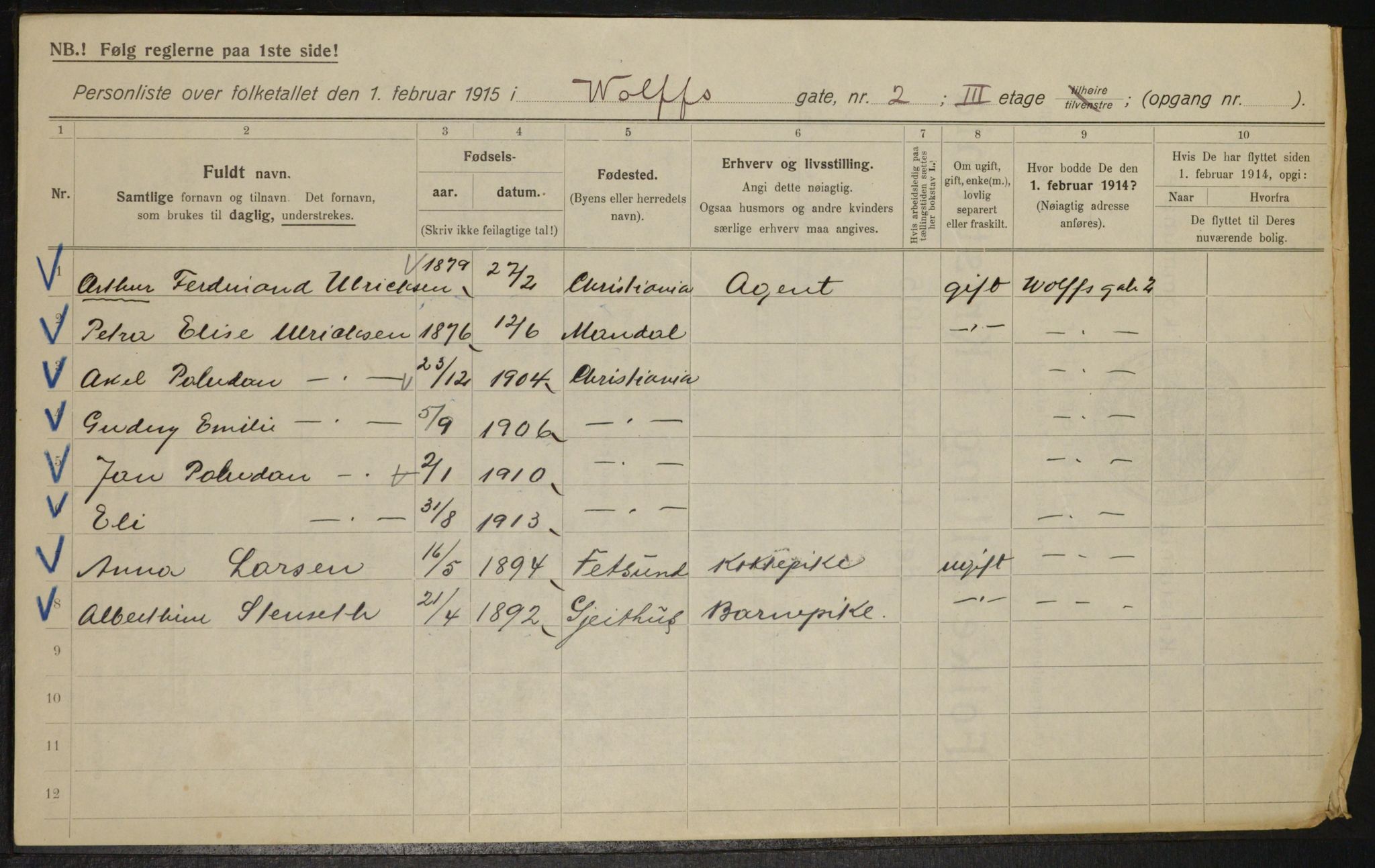 OBA, Kommunal folketelling 1.2.1915 for Kristiania, 1915, s. 129087