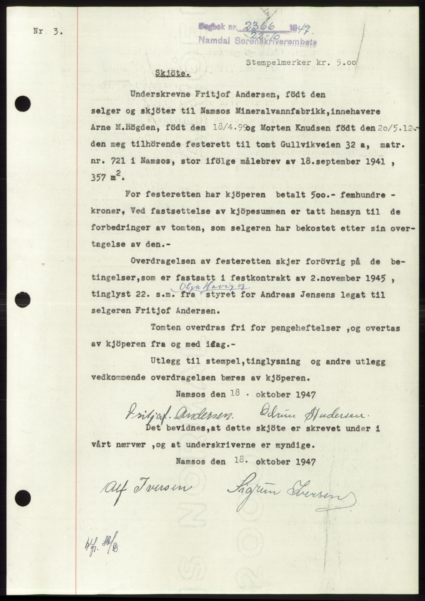 Namdal sorenskriveri, SAT/A-4133/1/2/2C: Pantebok nr. -, 1947-1947, Dagboknr: 2366/1947