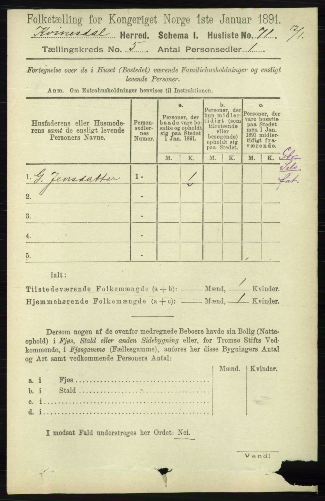 RA, Folketelling 1891 for 1037 Kvinesdal herred, 1891, s. 1696