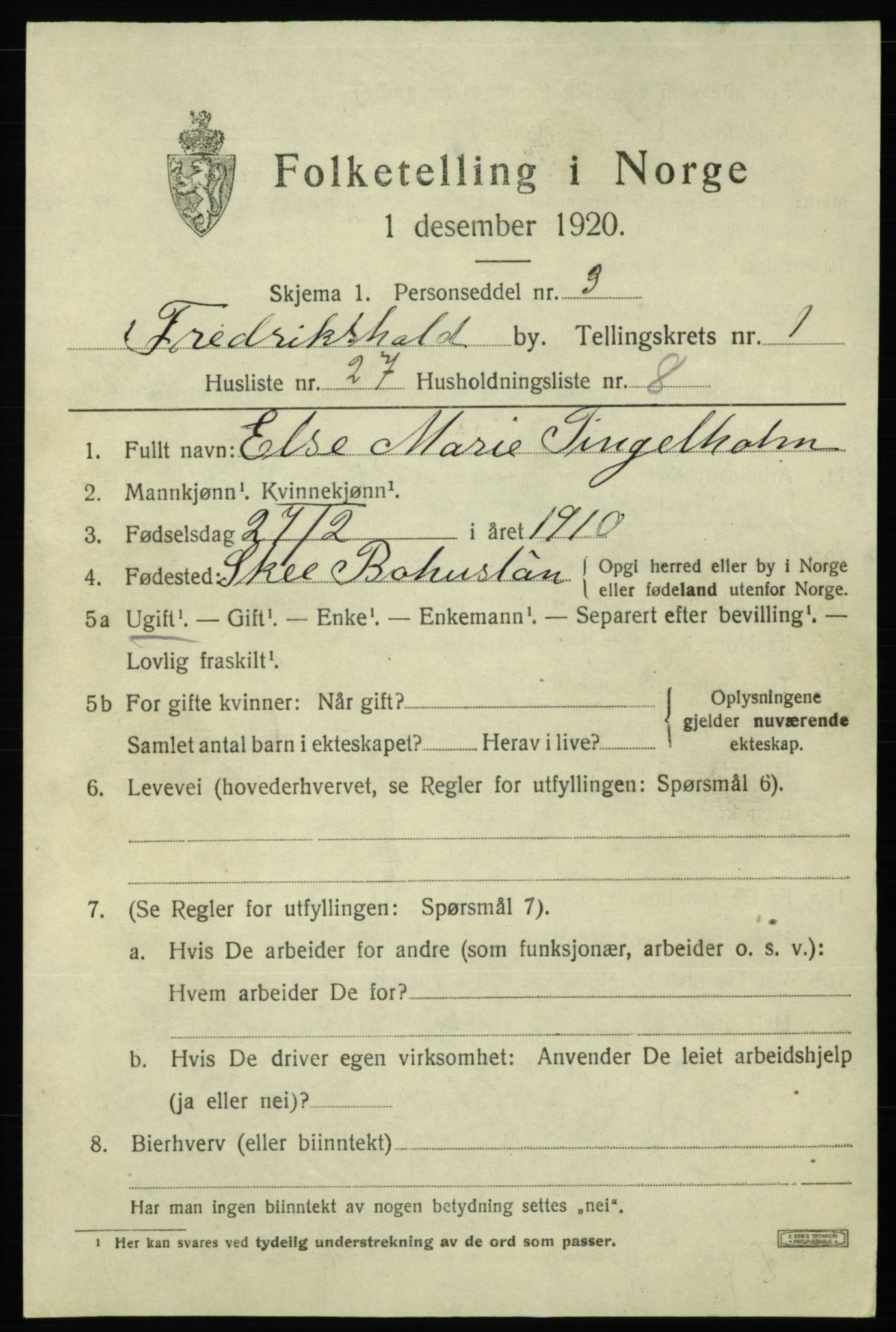 SAO, Folketelling 1920 for 0101 Fredrikshald kjøpstad, 1920, s. 8578
