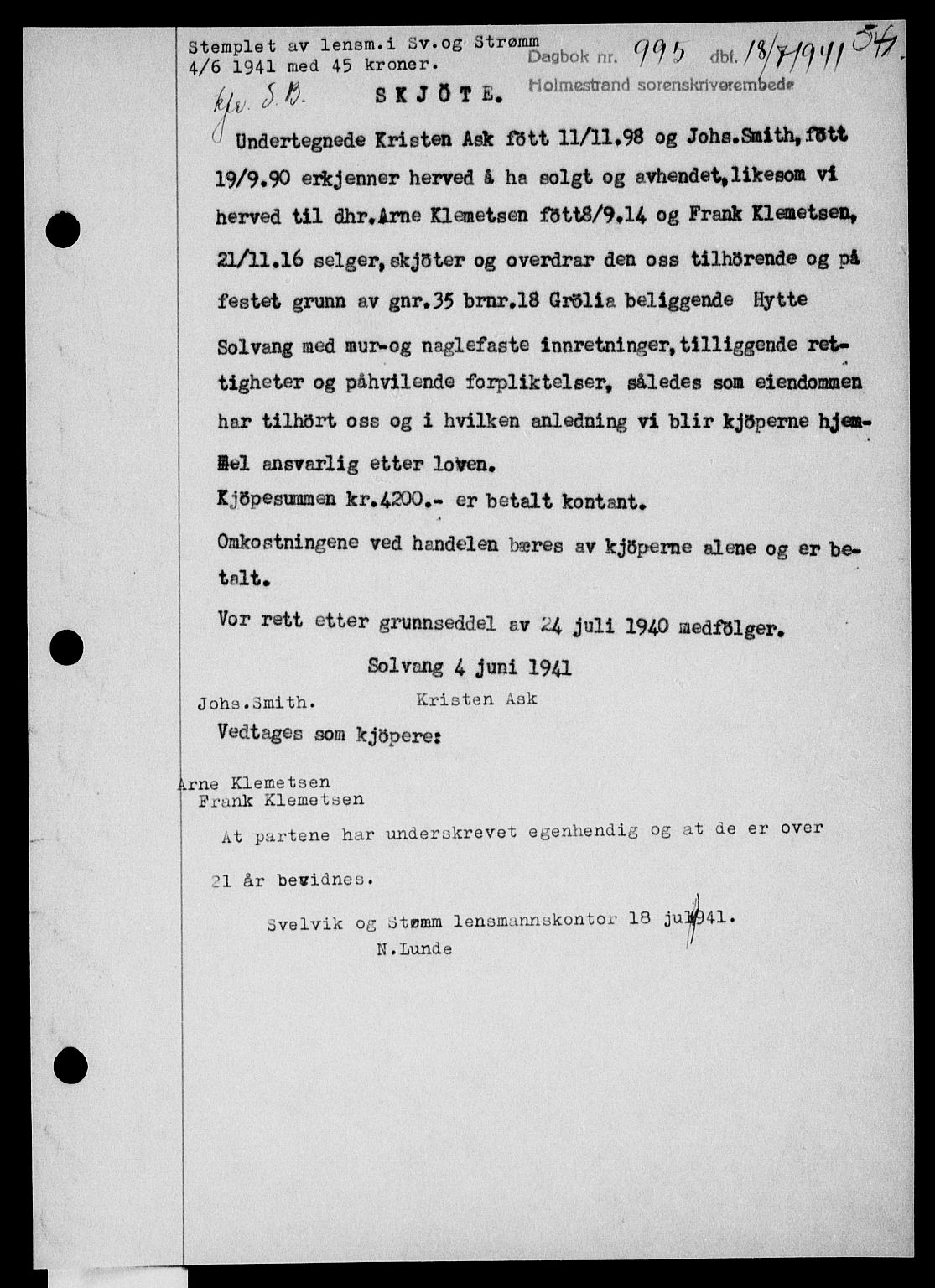 Holmestrand sorenskriveri, SAKO/A-67/G/Ga/Gaa/L0053: Pantebok nr. A-53, 1941-1941, Dagboknr: 995/1941