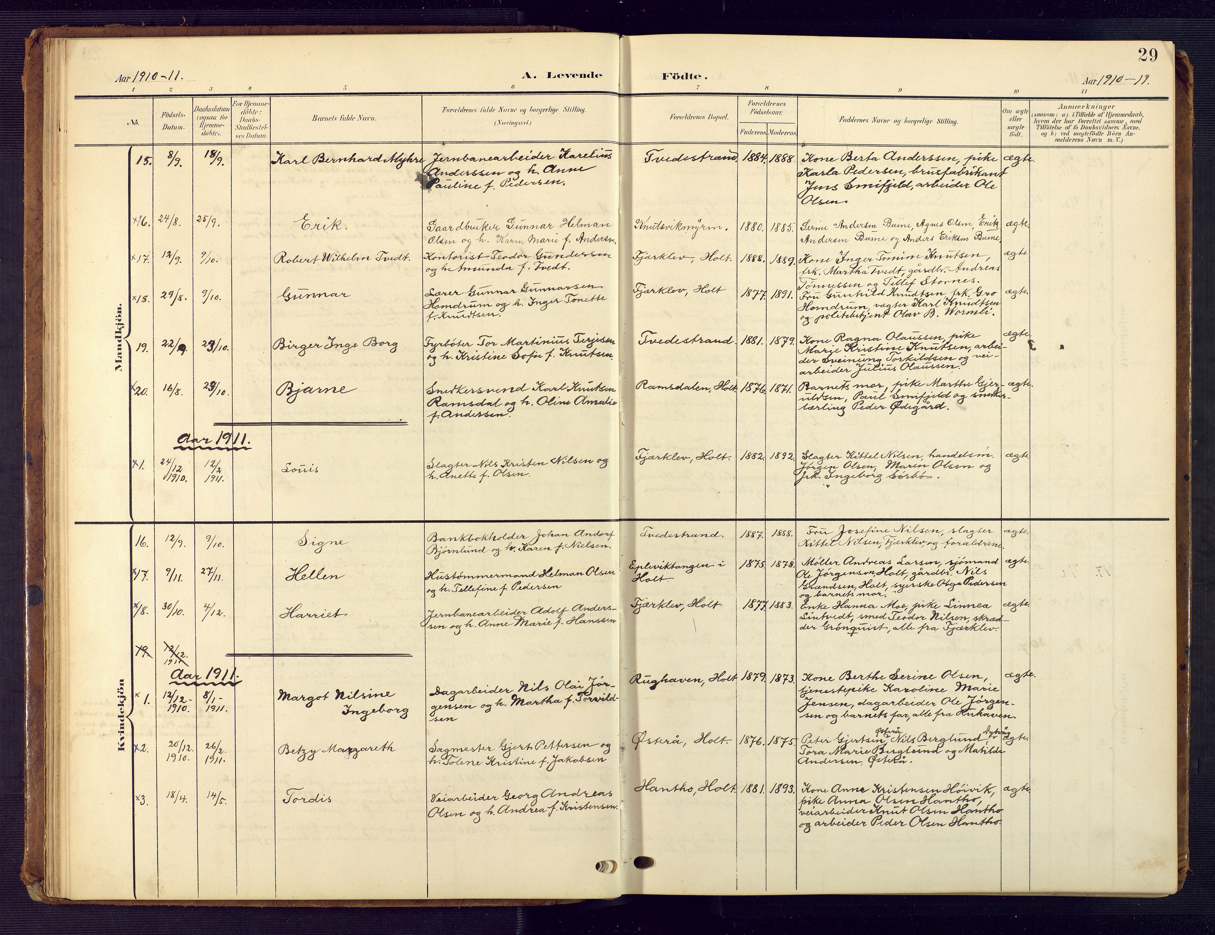 Tvedestrand sokneprestkontor, AV/SAK-1111-0042/F/Fb/L0001: Klokkerbok nr. B 1, 1902-1956, s. 29