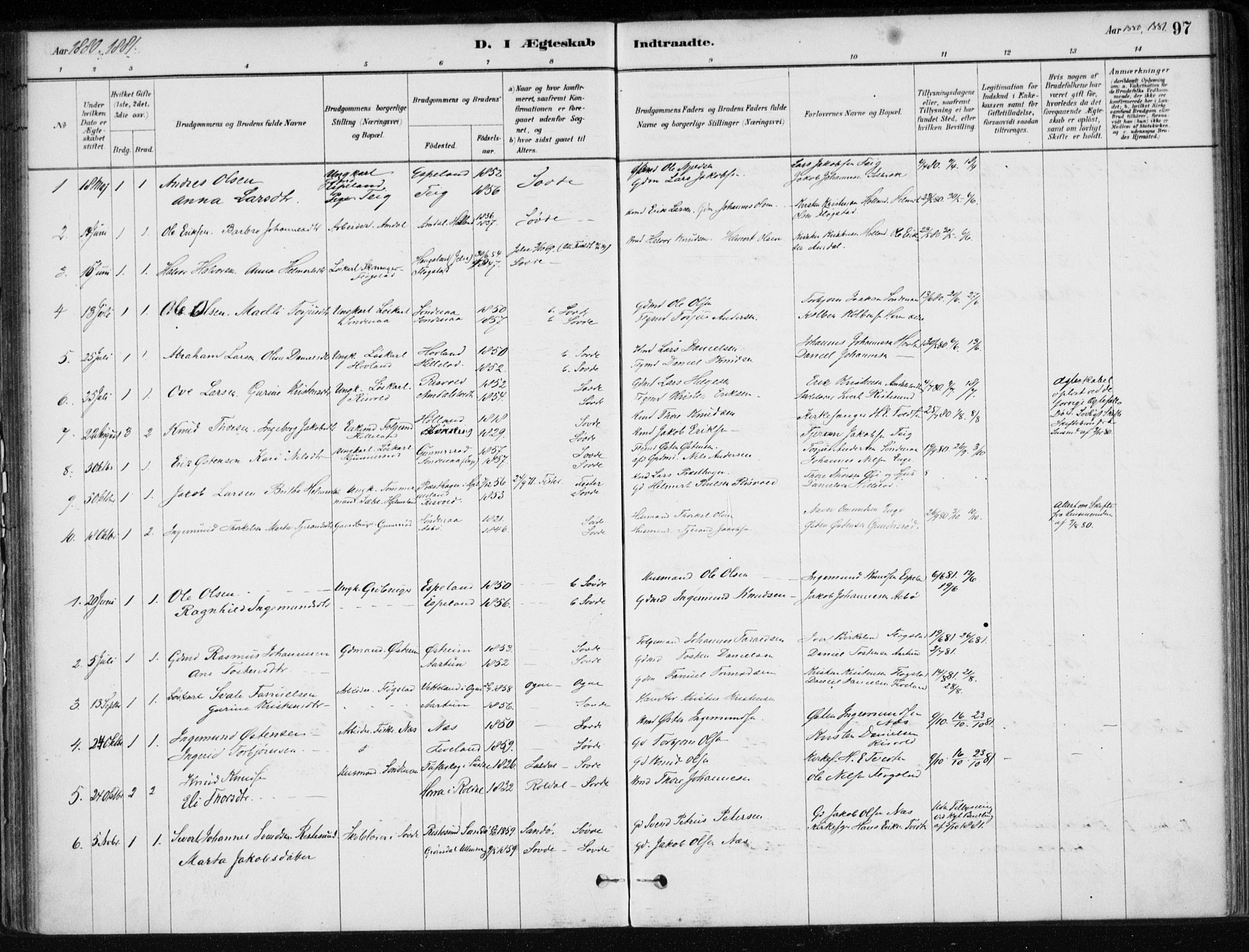 Sand sokneprestkontor, AV/SAST-A-101848/01/III/L0006: Ministerialbok nr. A 6, 1880-1898, s. 97