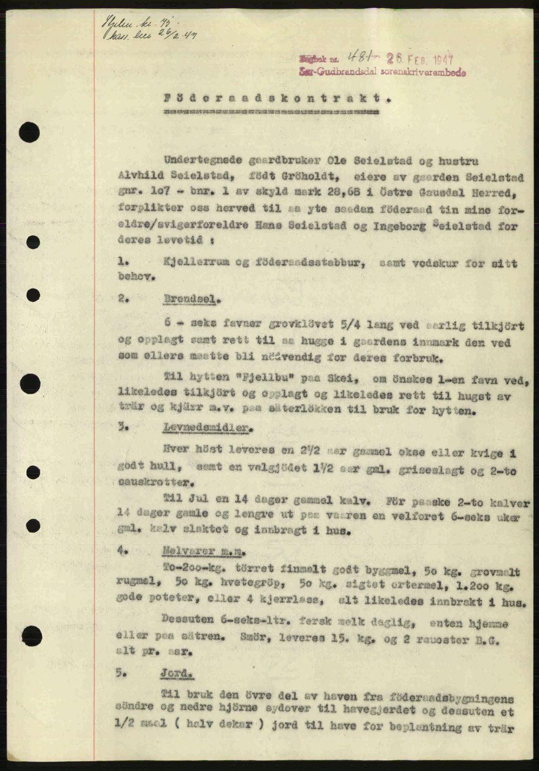 Sør-Gudbrandsdal tingrett, SAH/TING-004/H/Hb/Hbe/L0003: Pantebok nr. B3, 1943-1948, Dagboknr: 481/1947